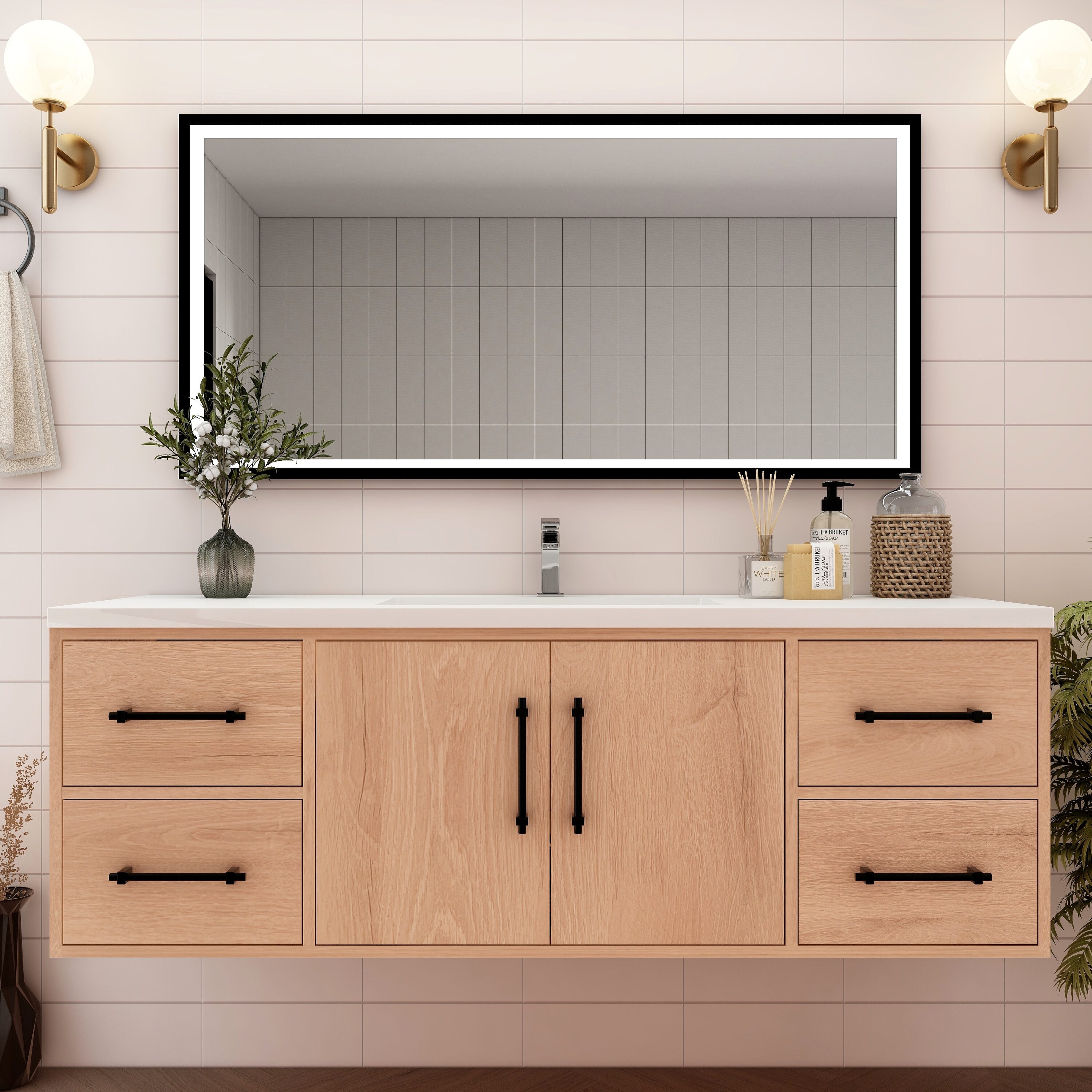 BV Better Vanity VICTORIA60SWH-RO Victoria 60-in Red Oak Single sink Floating Bathroom Vanity with White Acrylic Top