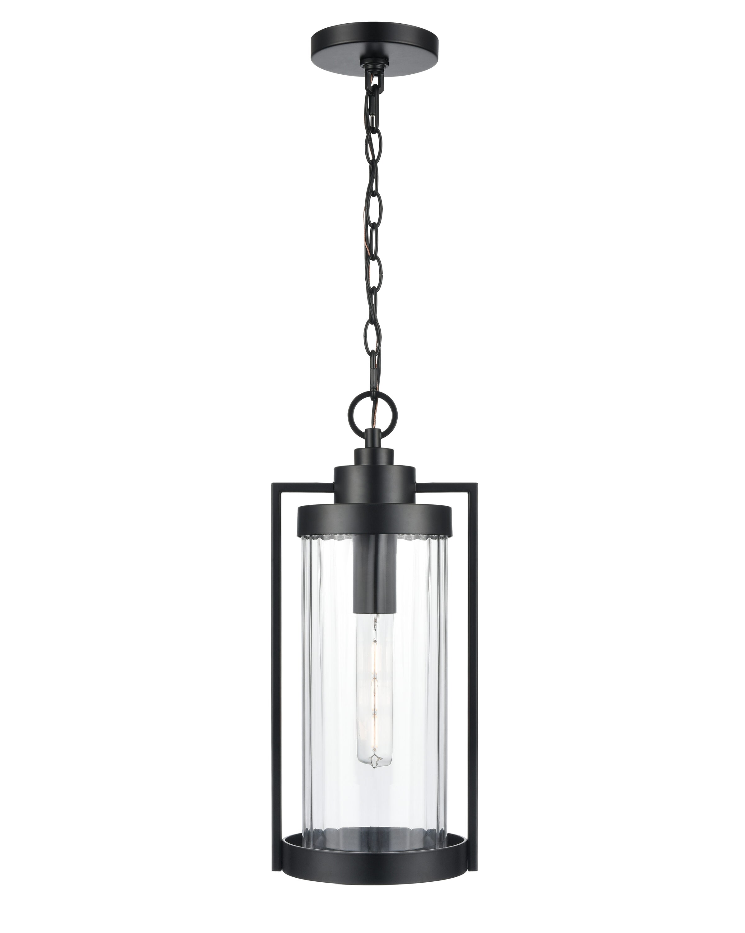 Millennium Lighting Braselton 1 -Light Powder Coated Black Transitional Ribbed glass Cylinder Small Outdoor Hanging Pendant Light