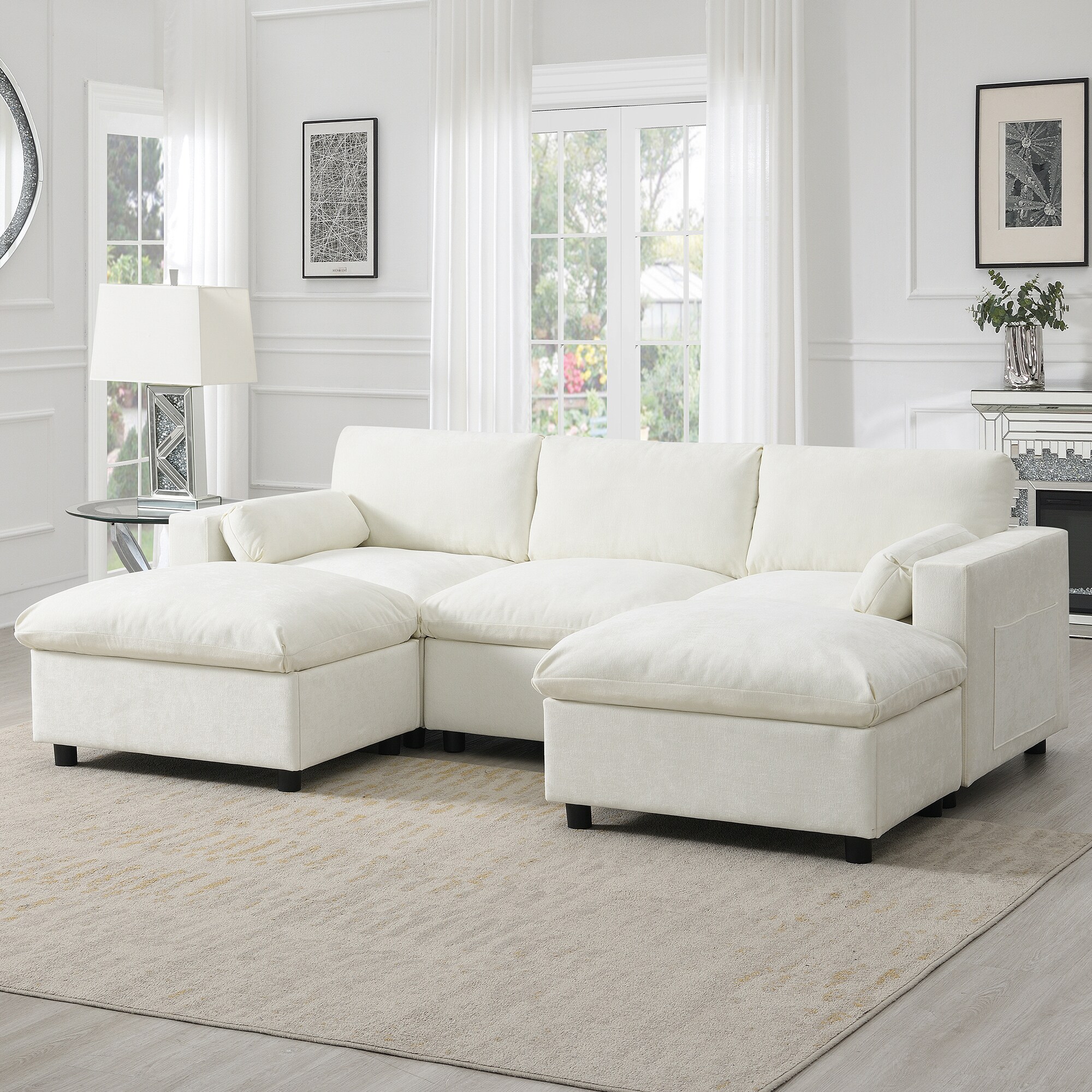 Xspracer 55.5-in W Modern White Chenille 6-seater Storage Sofa