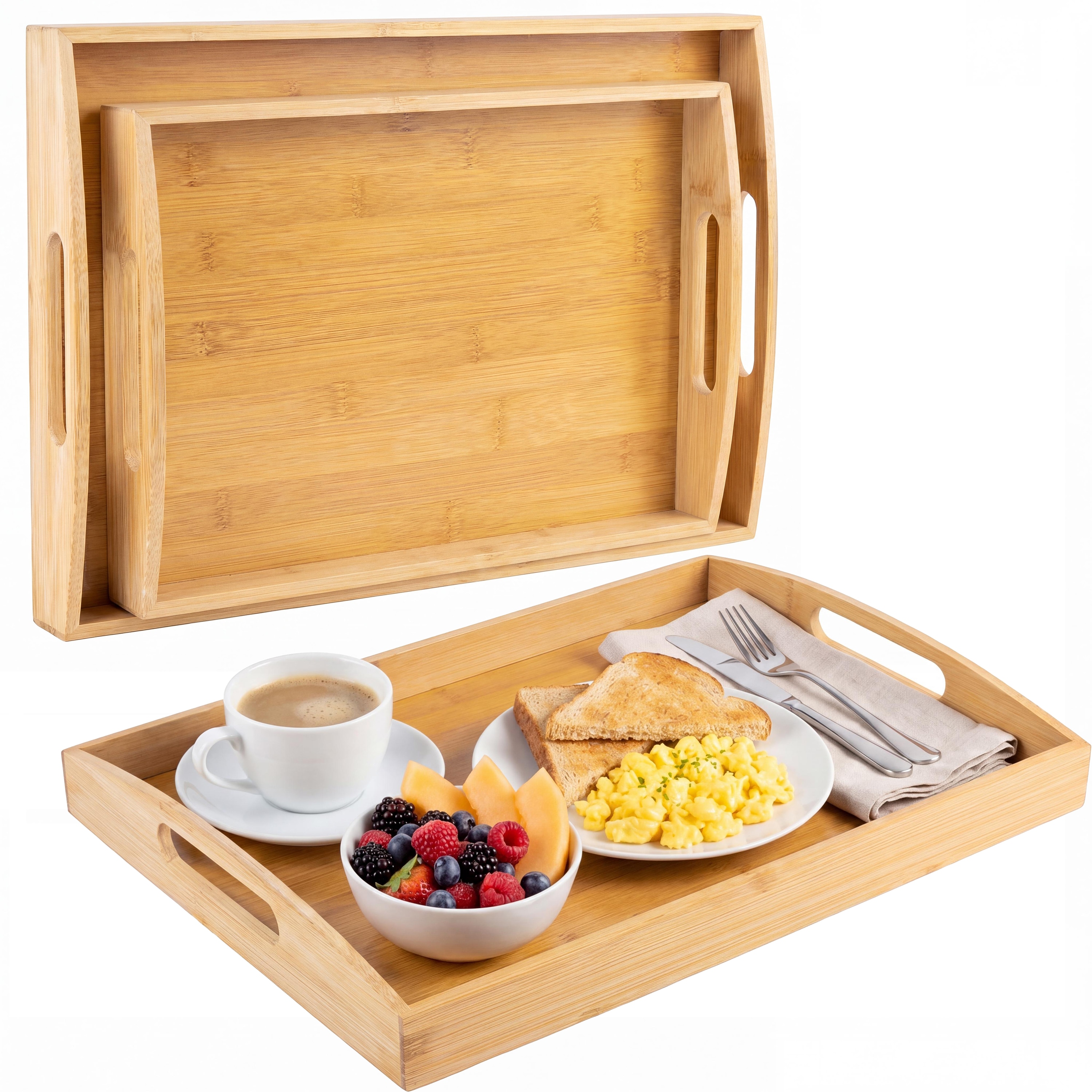 happimess Elora Set of 2 Handcrafted Nesting Bamboo Breakfast Trays with Handles - Natural
