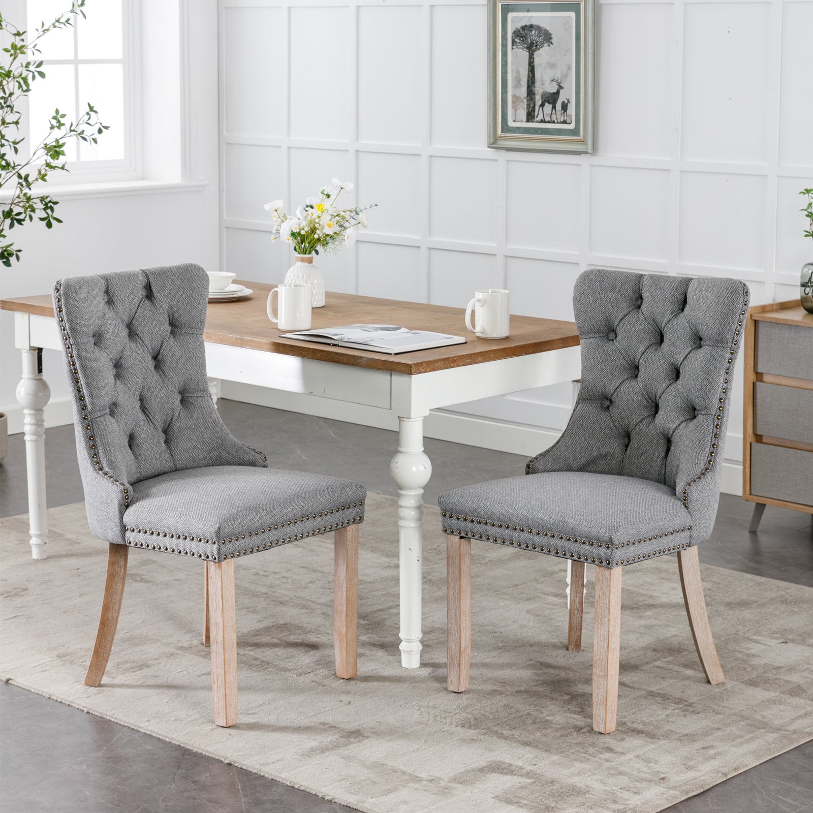 GDFStudio Set of 2 Armington Modern High-end Tufted Solid Wood Contemporary Flax Upholstered Linen Dining Chair with Wood Legs Nailhead Trim Gray