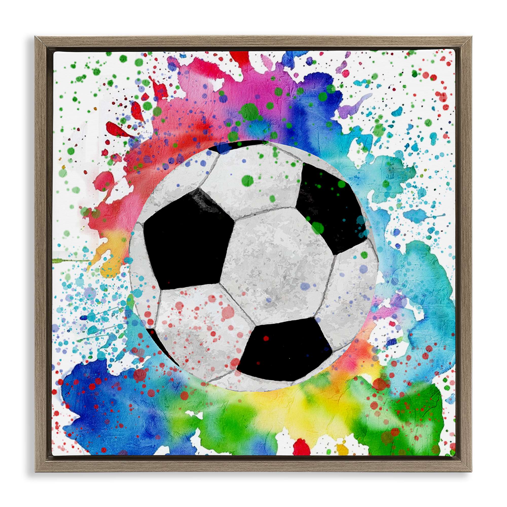 Stupell Industries BS-050-FFE-24X24 Vivid Splash and Soccer Ball Brown Framed Floater Canvas Wall Art By Kim Allen 25 x 25