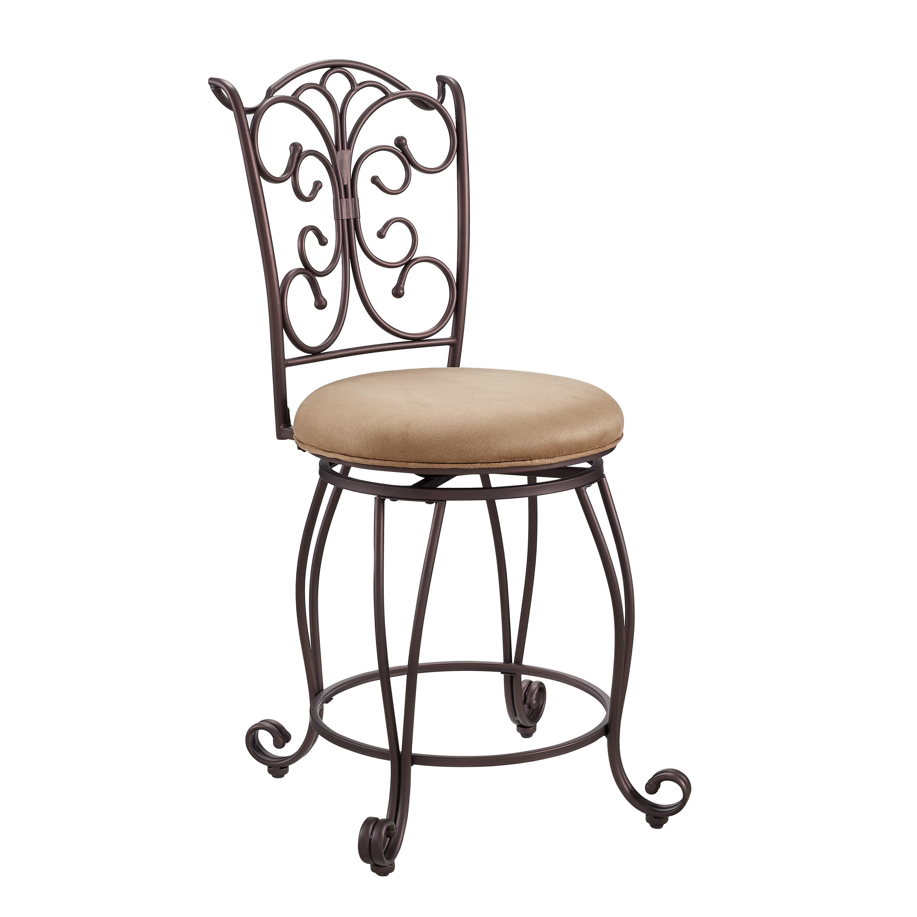 Linon 02790MTL-01-KD-U Gathered Back Counter Stool 24 Brown 24.0-in H Counter height Round seat Upholstered Swivel Metal Bar Stool and Back