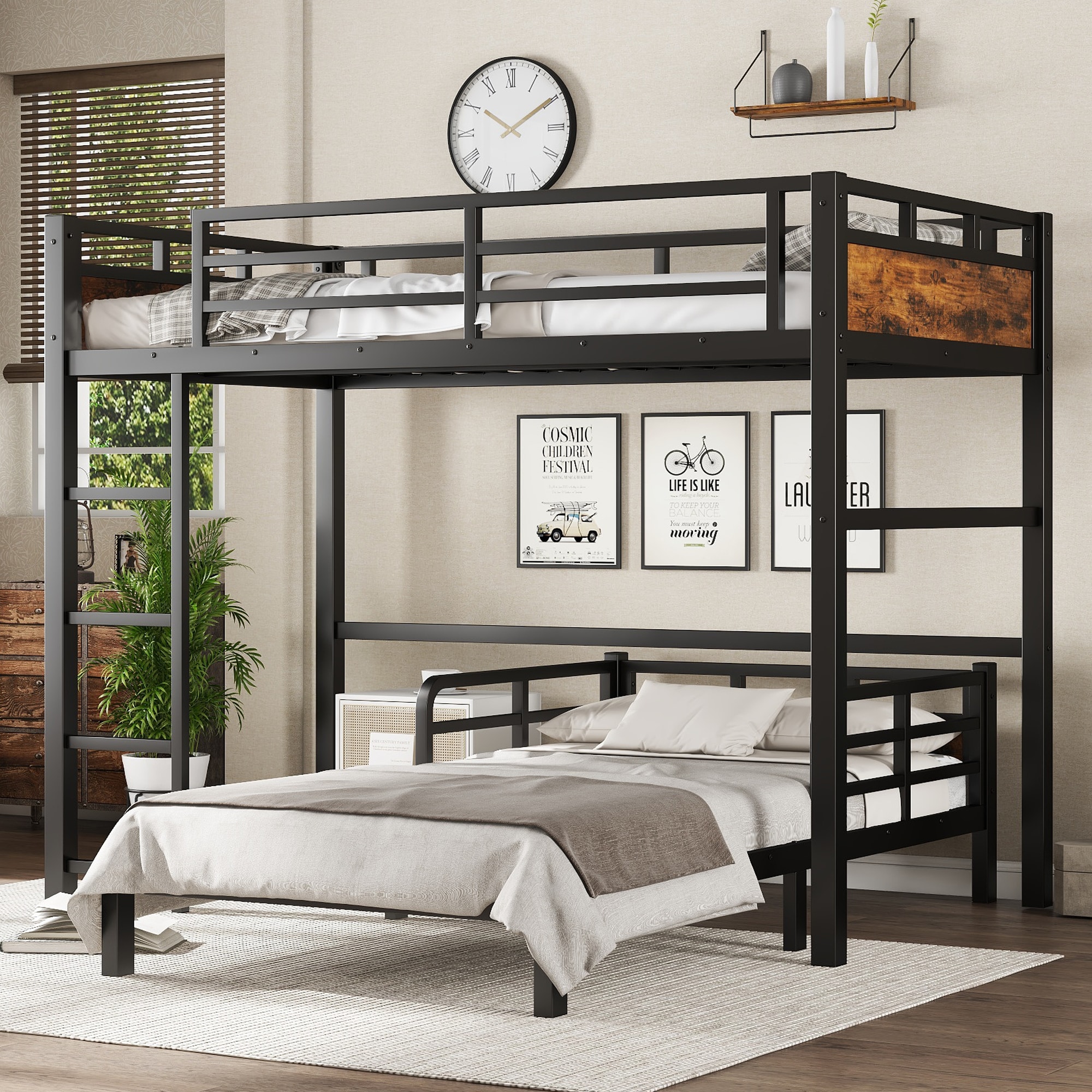 Loebelle TWIN XL Over TWIN XL Bunk Bed with Headboard and Full Length Guardrail Heavy Duty Metal Bunk Beds Can Turns Into Loft Bed and Platform Bed Vintage Black