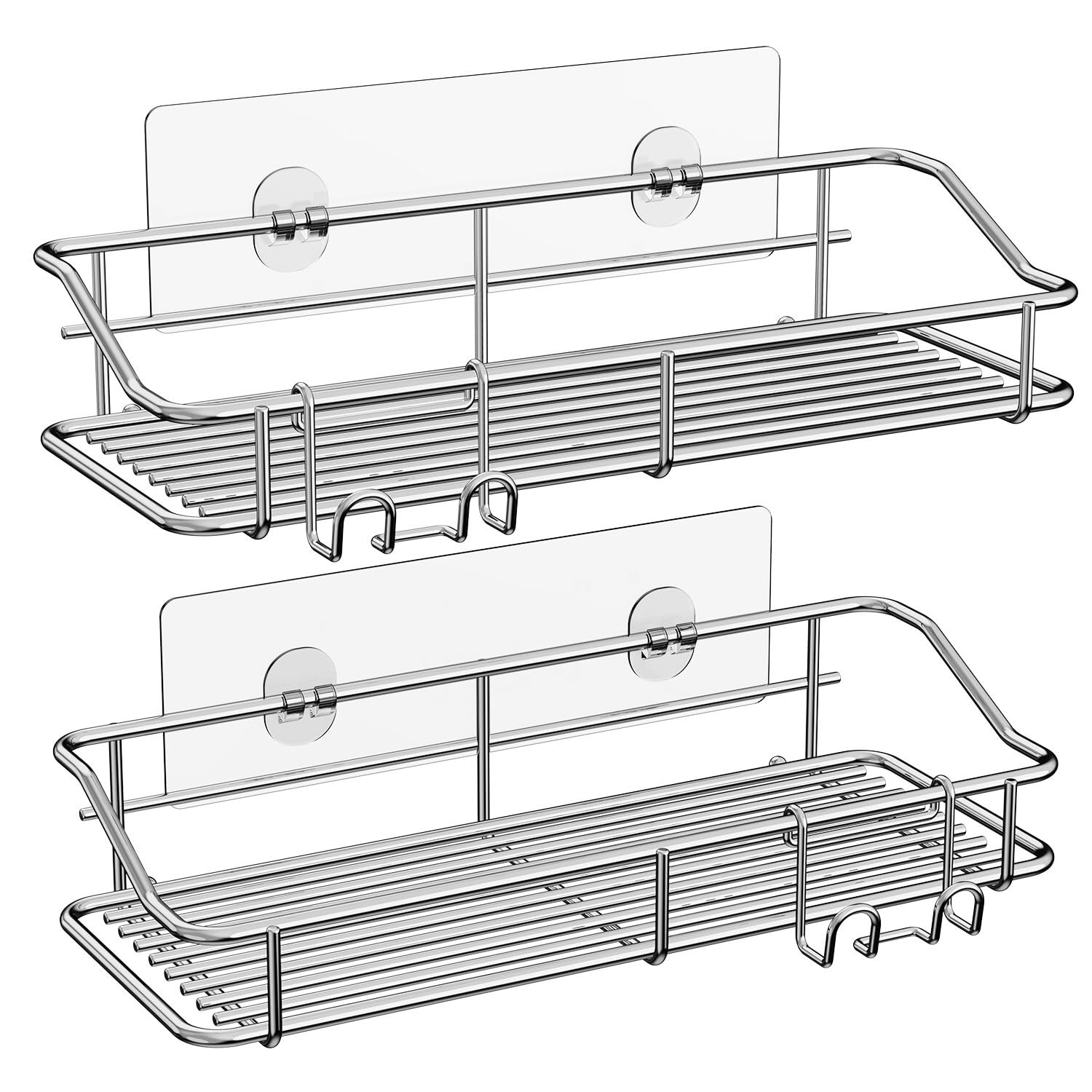 Phyfalip  Shower Caddy Shelf Organizer Adhesive No Drilling Stainless Steel with Hooks for Bathroom Kitchen Restroom Lavatory Toilet 2 pack