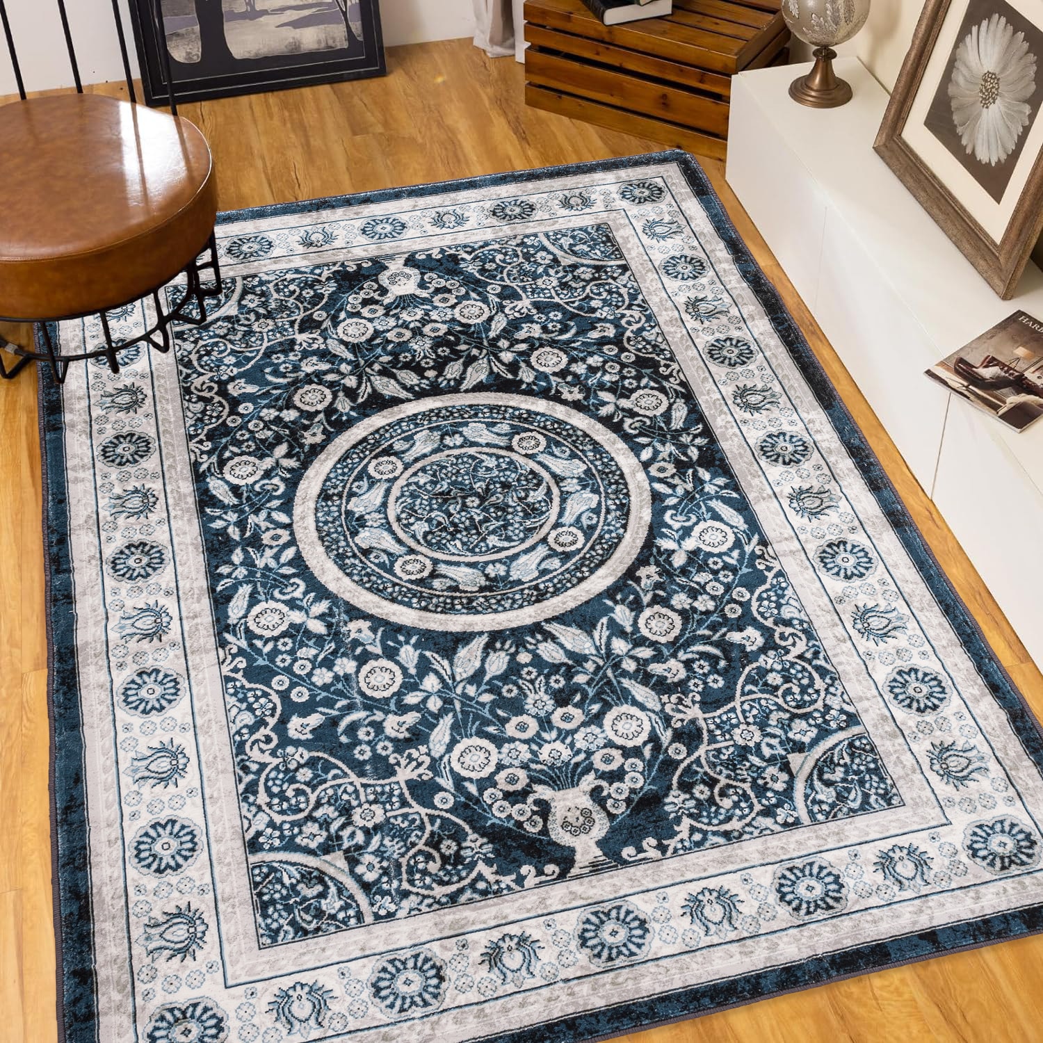 LOVMOR SF-H-B03598686 Area Rug 6x9 Vintage Bohemia Large Persian Non slip Washable Rug For Living Room Kitchen Bedroom Living Room Flower Design Navy Blue