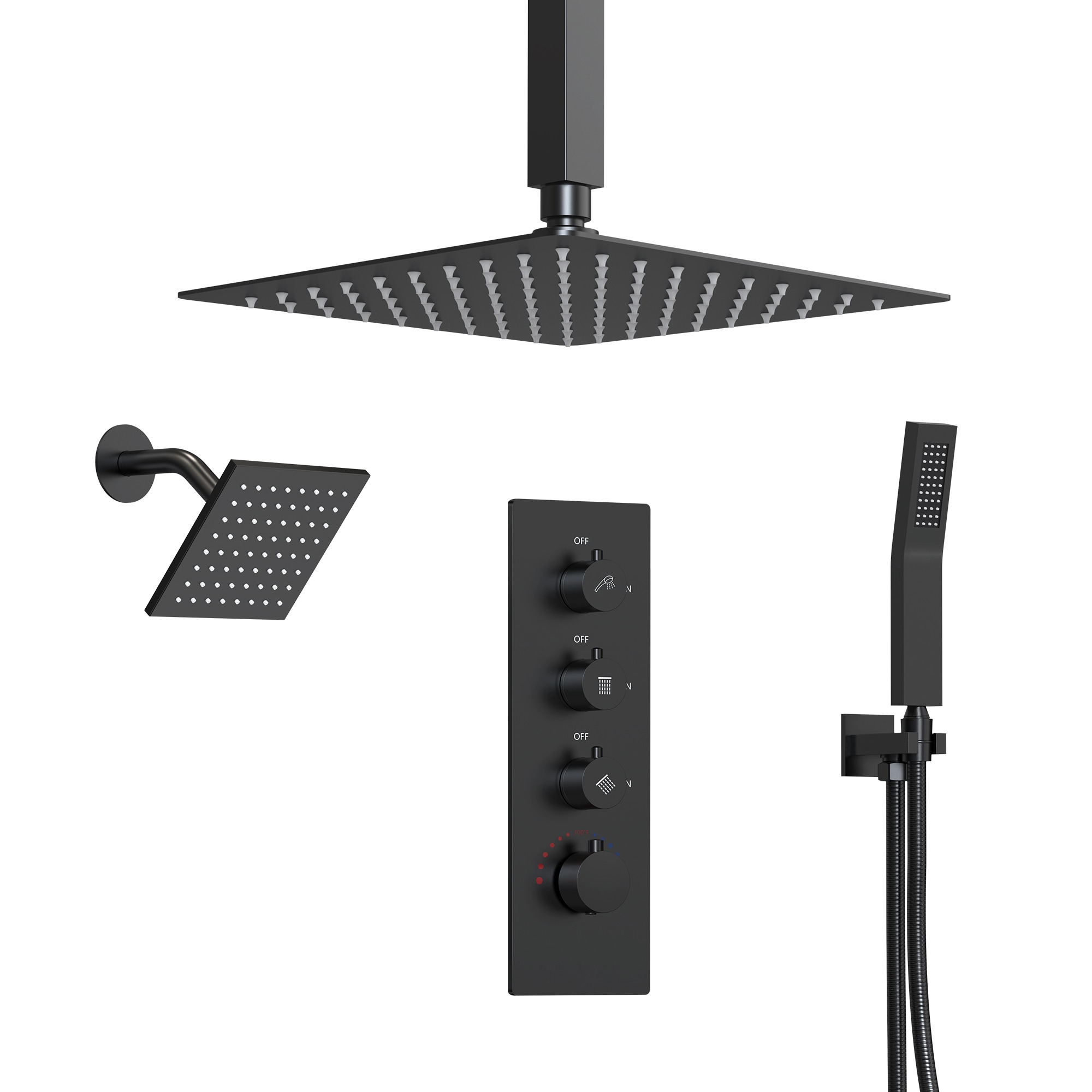 EVERSTEIN Q-926-OTOP PureOpulence Matte Black 16-in Dual Head Shower Panel System with ( Thermostatic Valve Included )