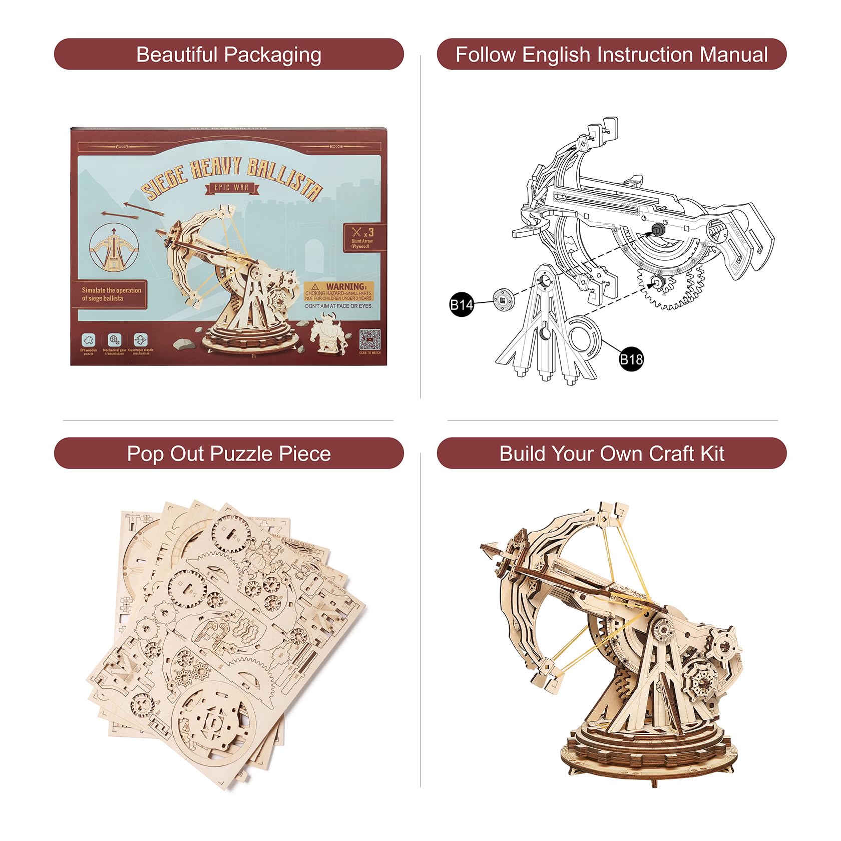 Etokfoks 3D Wooden Catapult Model Kit Mechanical Puzzle for Adults