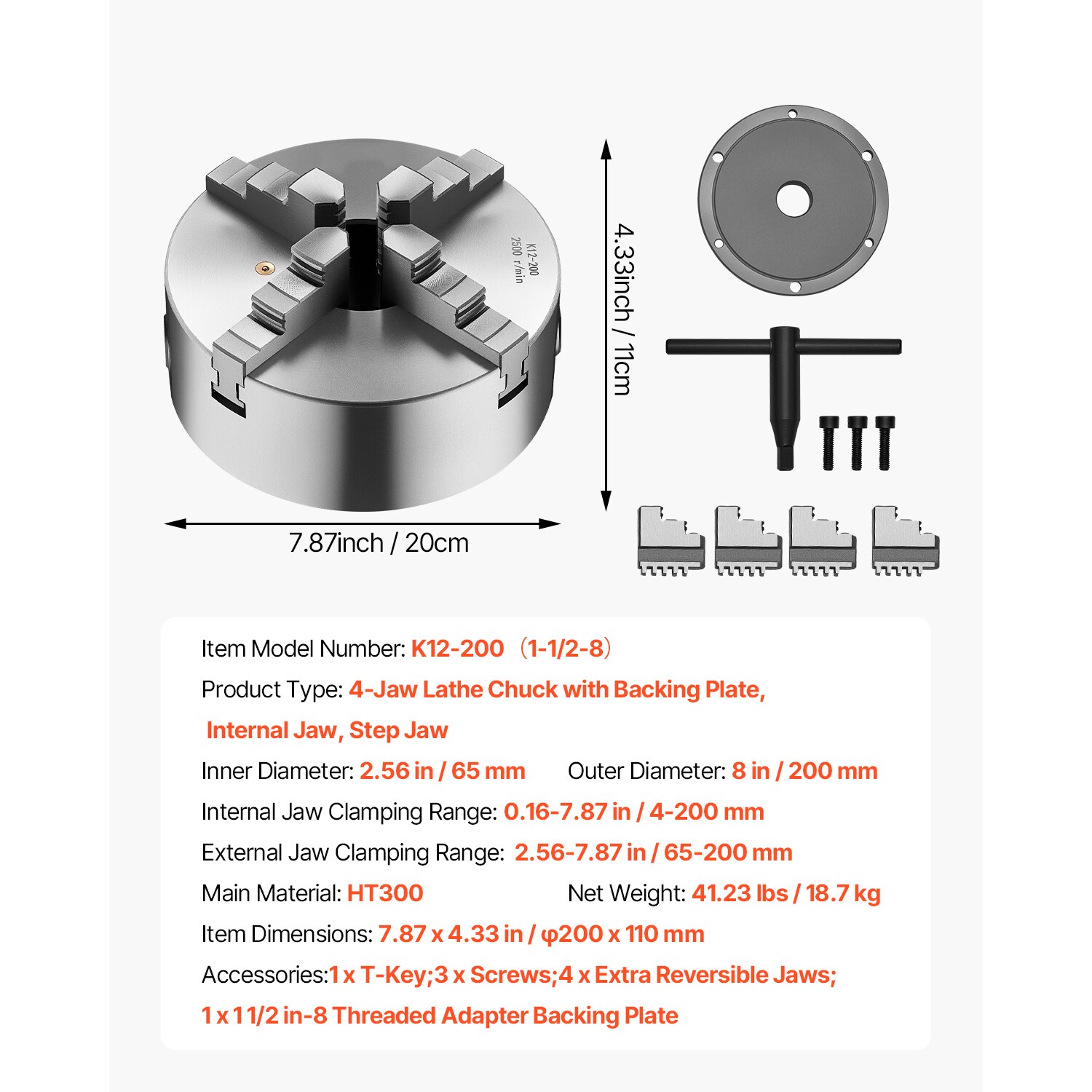 VEVOR 4-Jaw Lathe Chuck 8 Inch (200 mm) Self-Centering Chuck with