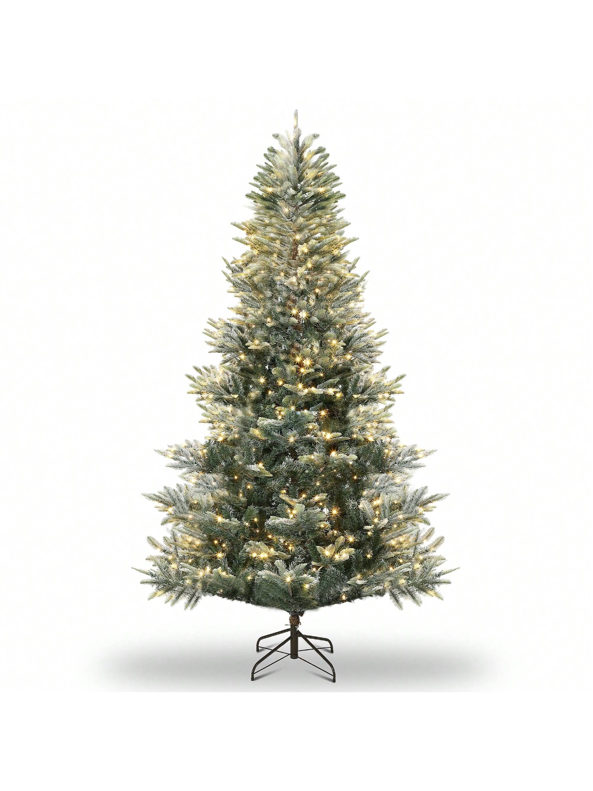 Qeetex DSDS-W6F91689 7.5 FT Lighted Aspen Fir Christmas Tree Flocked Green Artificial Christmas Tree with Warm White Twinkle Lights for Indoor Outdoor Holiday Décor Metal Hinges Foldable Base