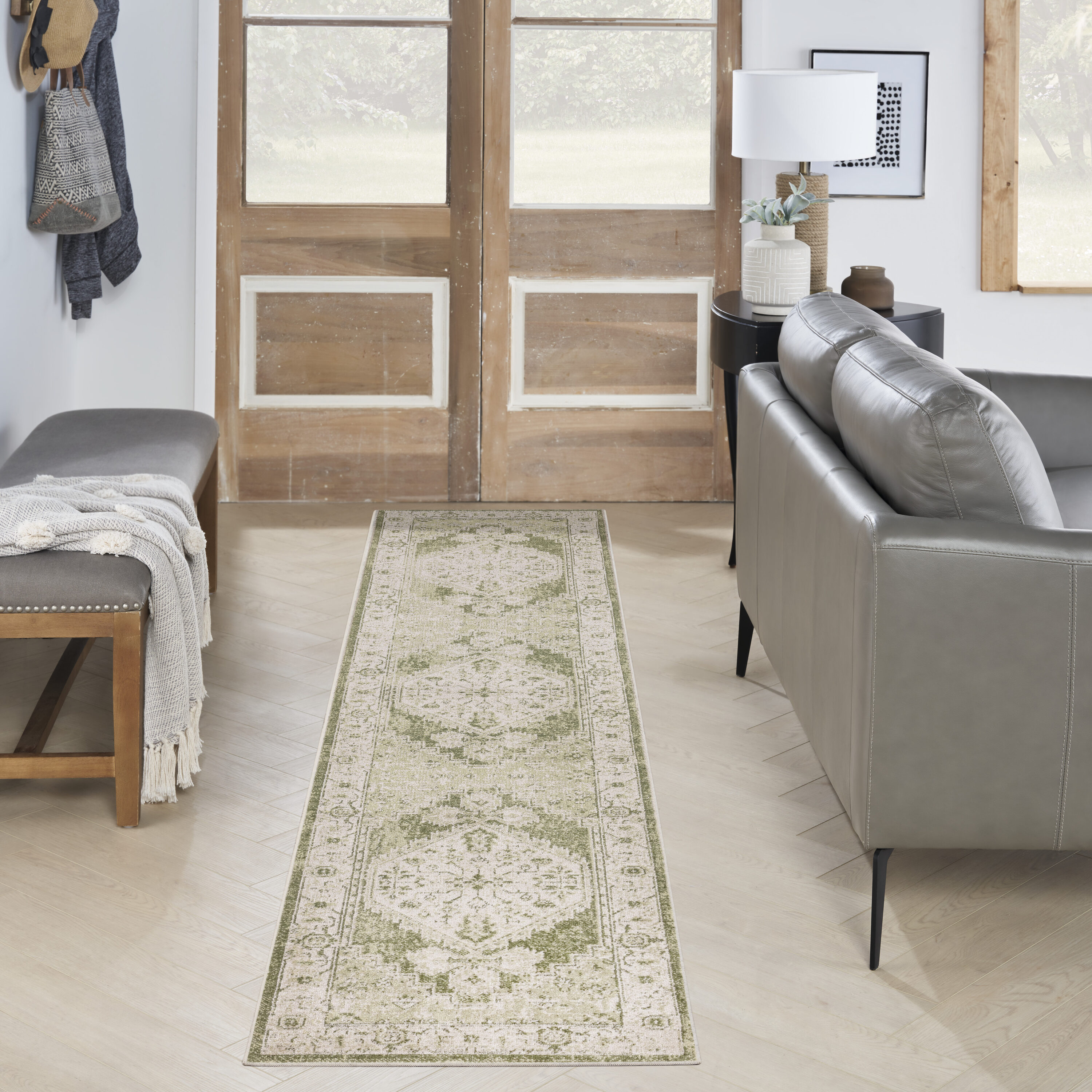 Nourison Home 099446964076 Astra Machine Washable 2 x 8 (ft) Loomed Polyester Ivory Green Rectangular Indoor Medallion Persian Machine washable Runner rug