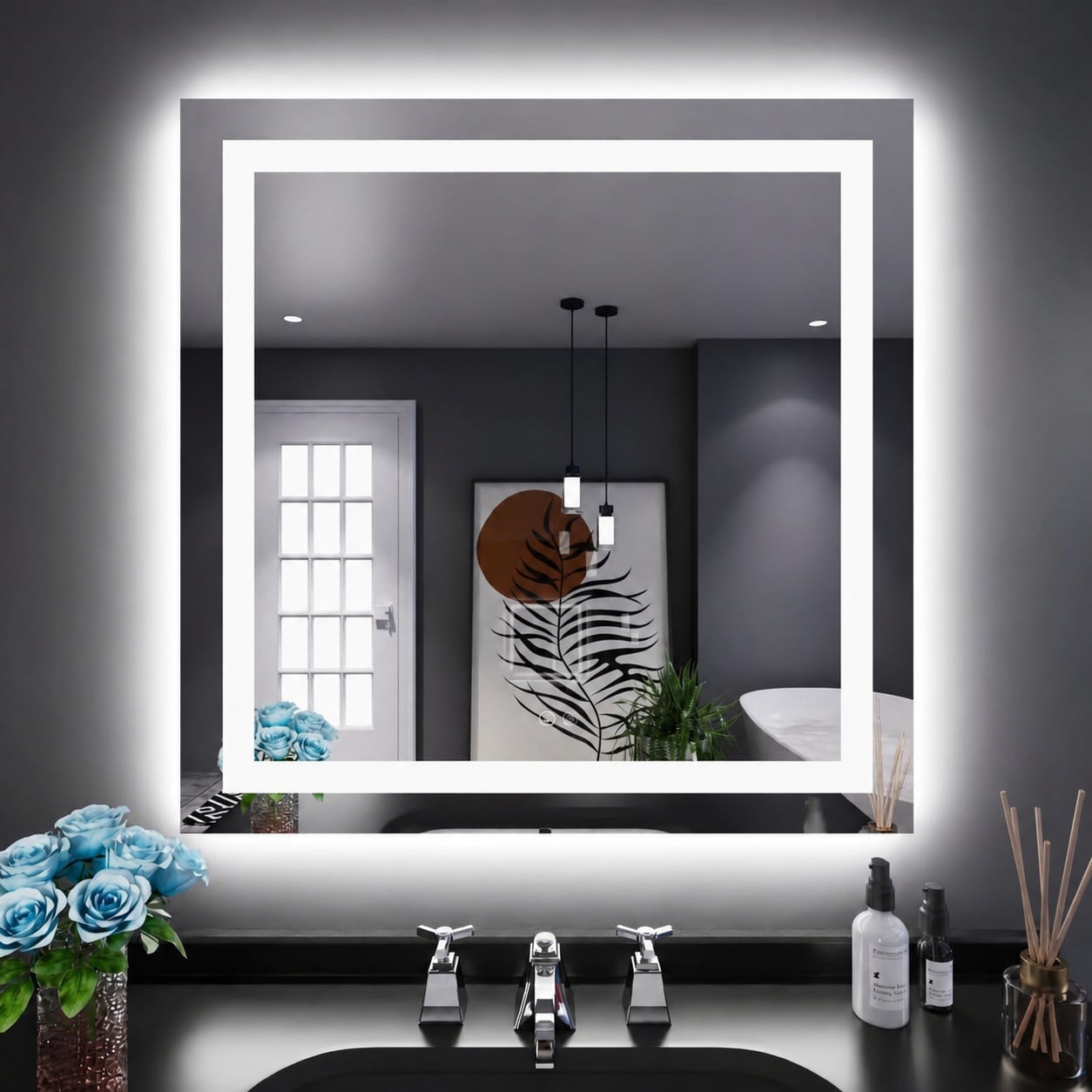 LAIFUCAM  32 x 32 LED bathroom mirror with double lighting anti fog dimmable three color memory function shatter proof tempered glass easy