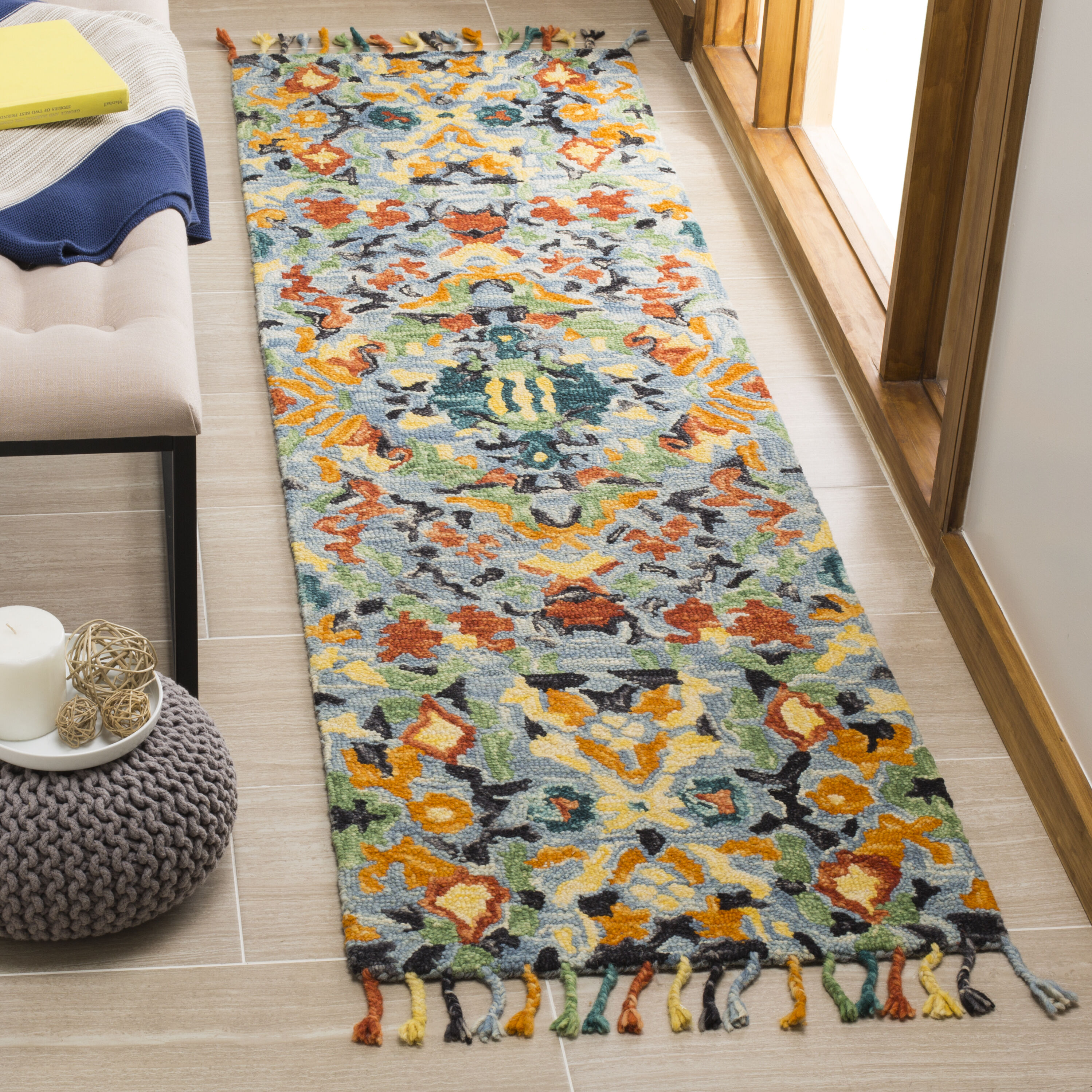 Handmade Tufted Blue Wool Runner Rug - 27"x6"