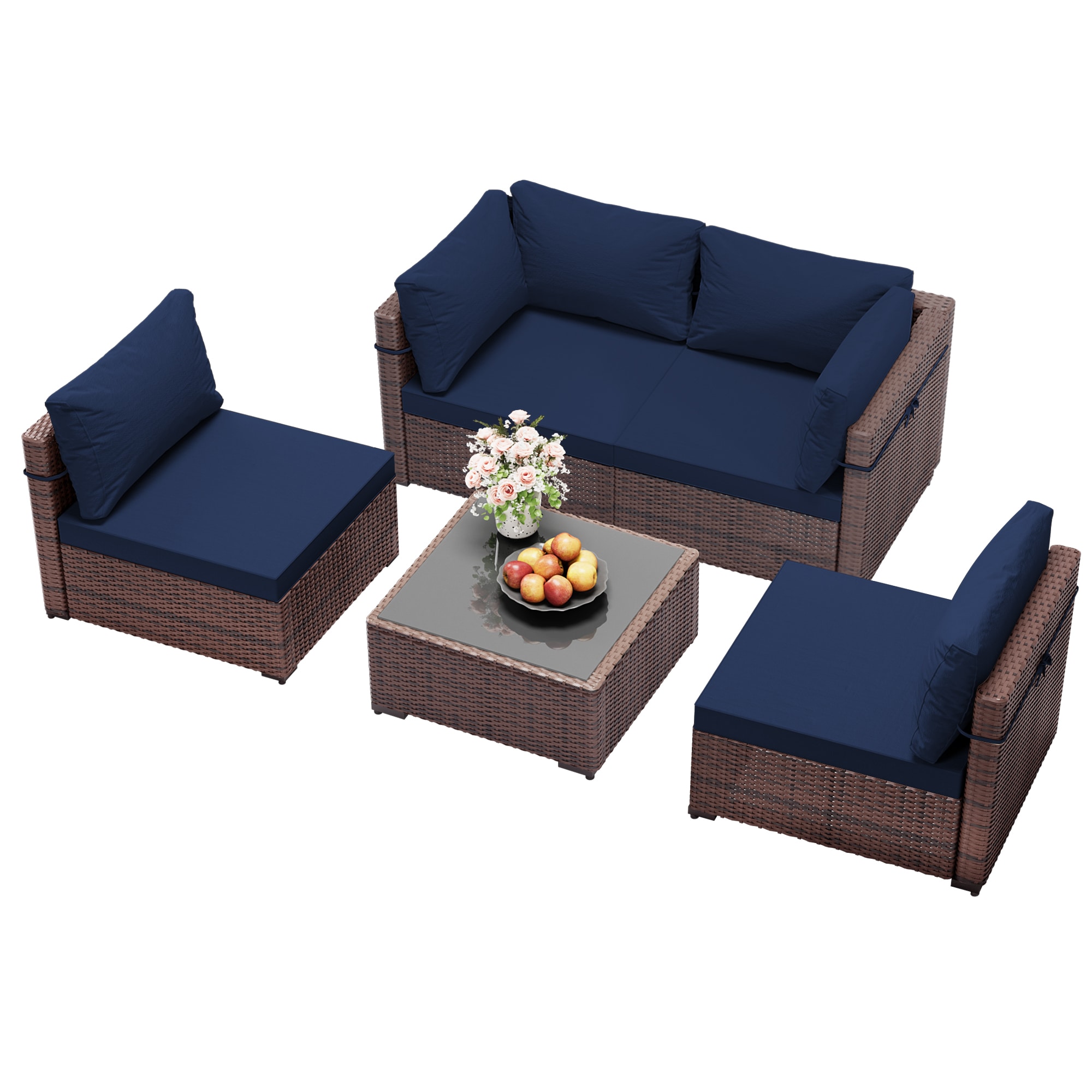 UPHA TBSF-ABF-NAVYBLUE 5 -Piece Wicker Patio Sofa Conversation Set Navy Blue Cushions