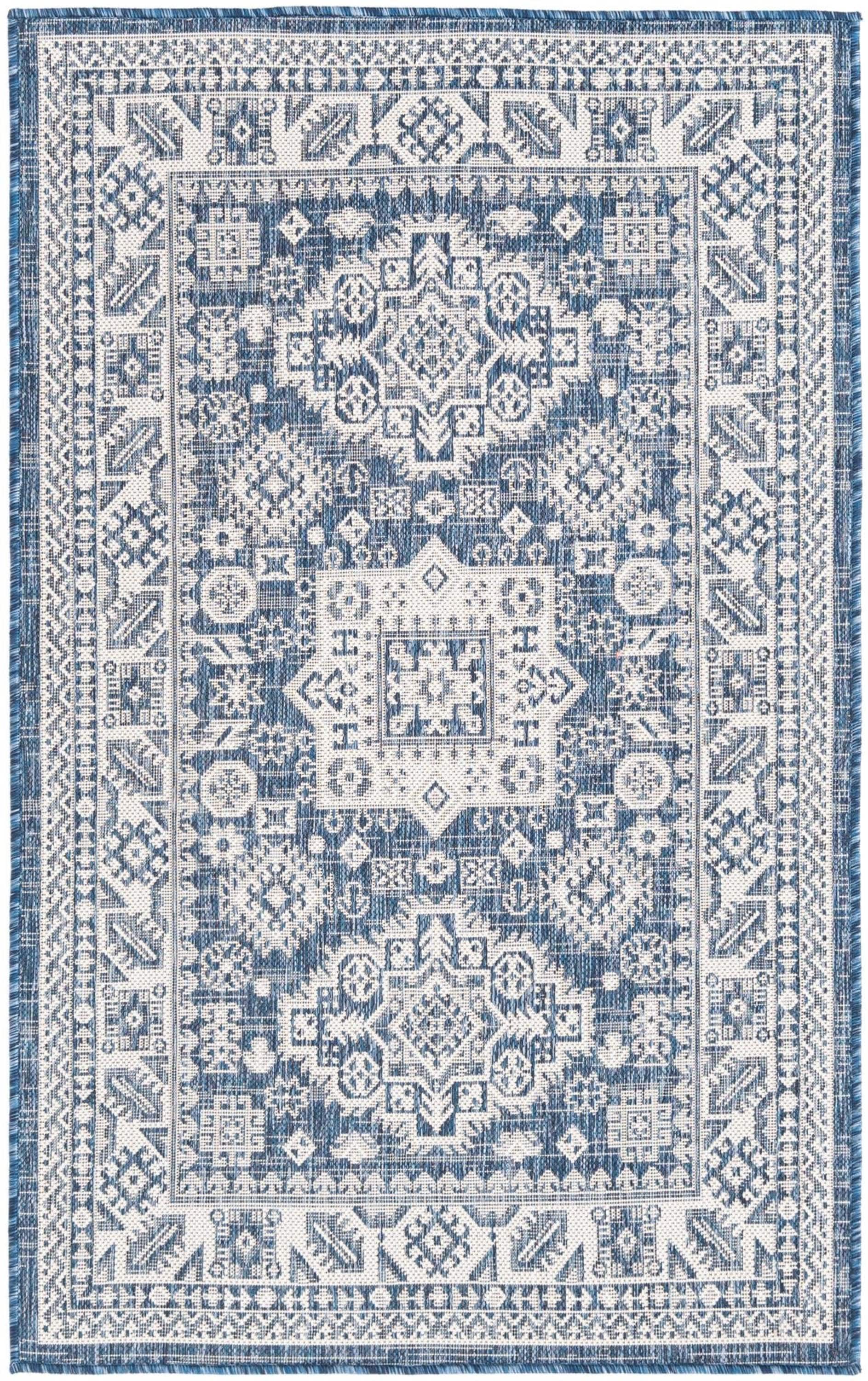 Outdoor Aztec Medallion 3x5 Blue Reversible Area Rug