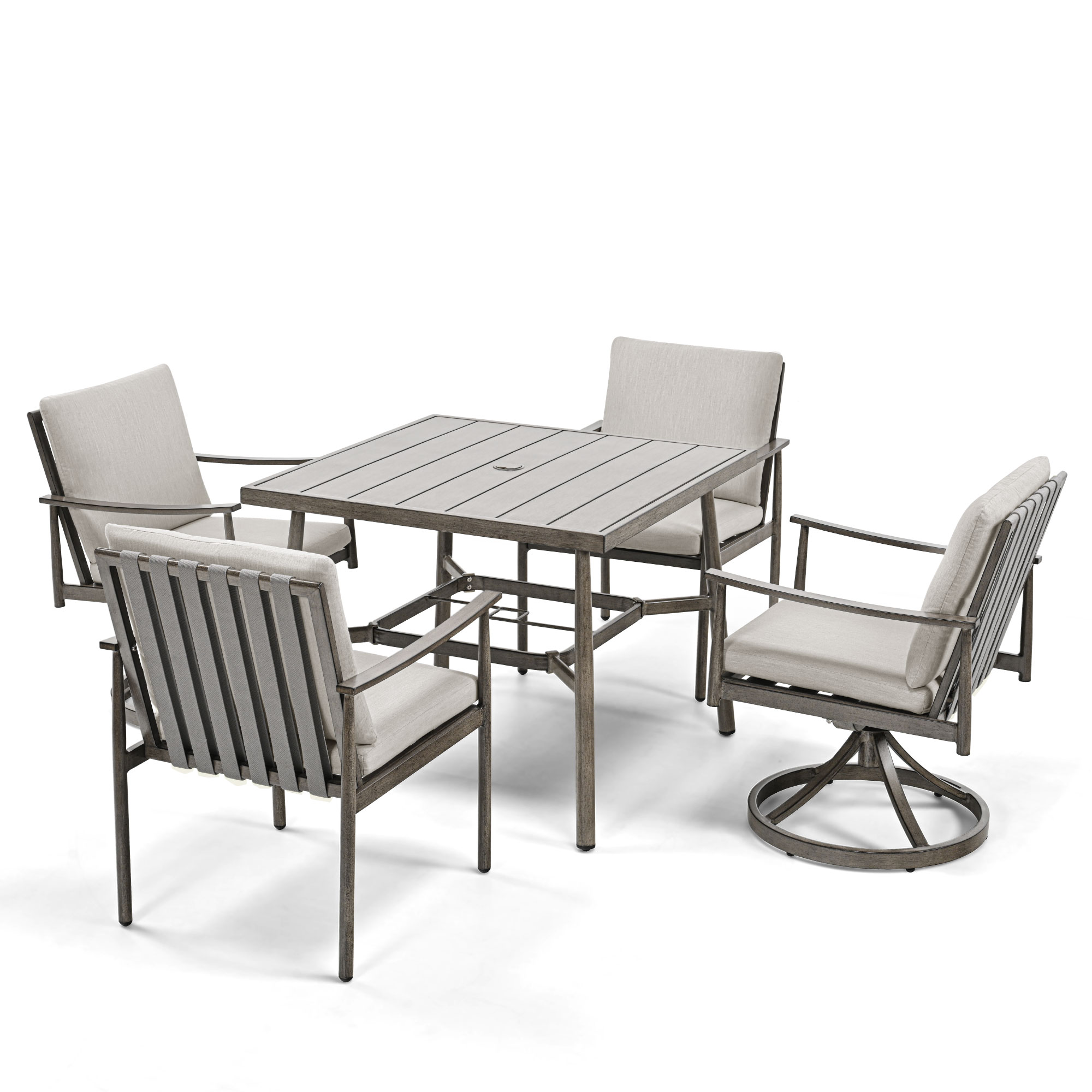  EL-CZ5-GG-B3-WL3 5 -Piece Gray Patio Dining Set Aluminum Square Table with 4 Gray Cushions Swivel Rocker Chairs