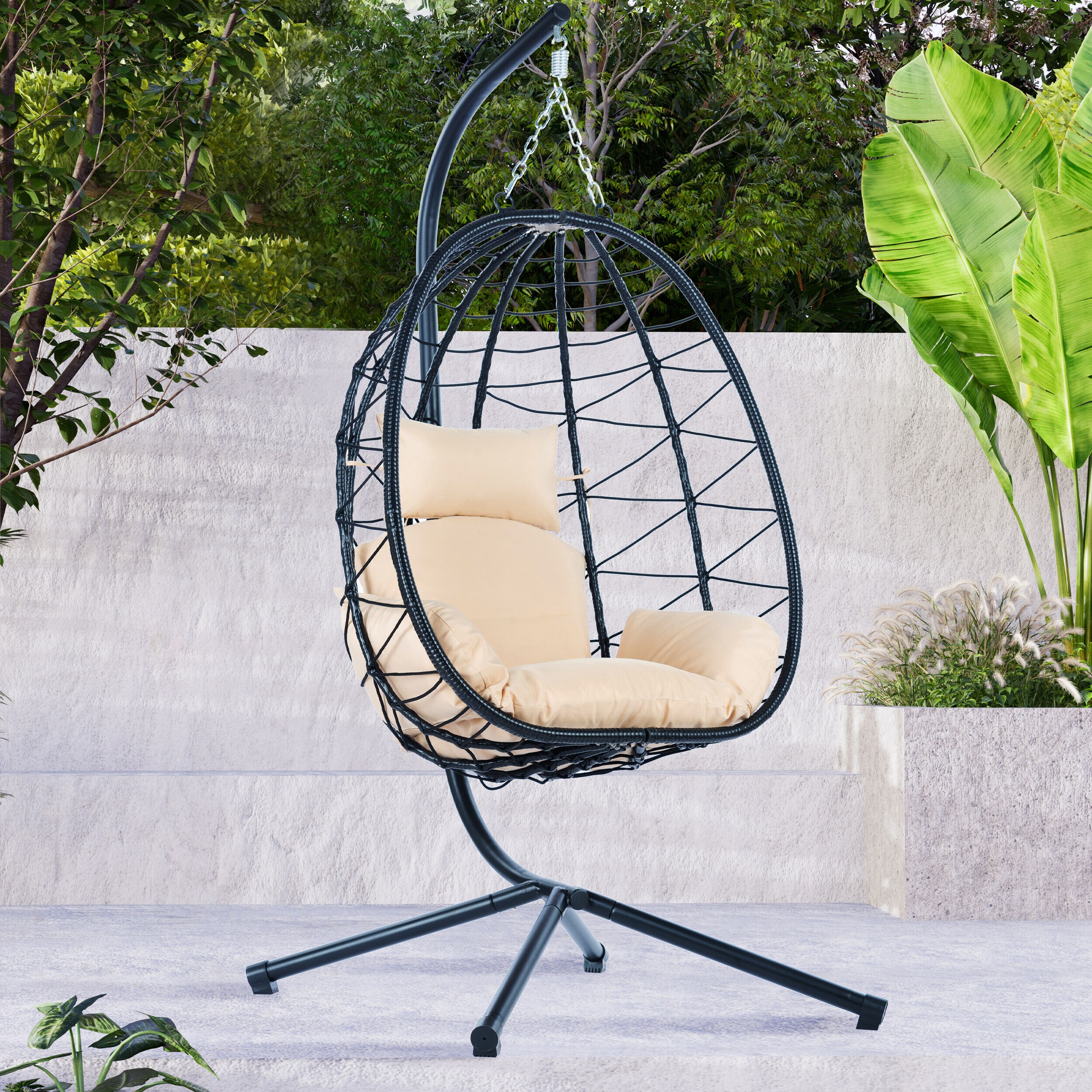 CESICIA Patio Chairs Rattan Beige Rattan Frame Hanging Egg Chair with ...