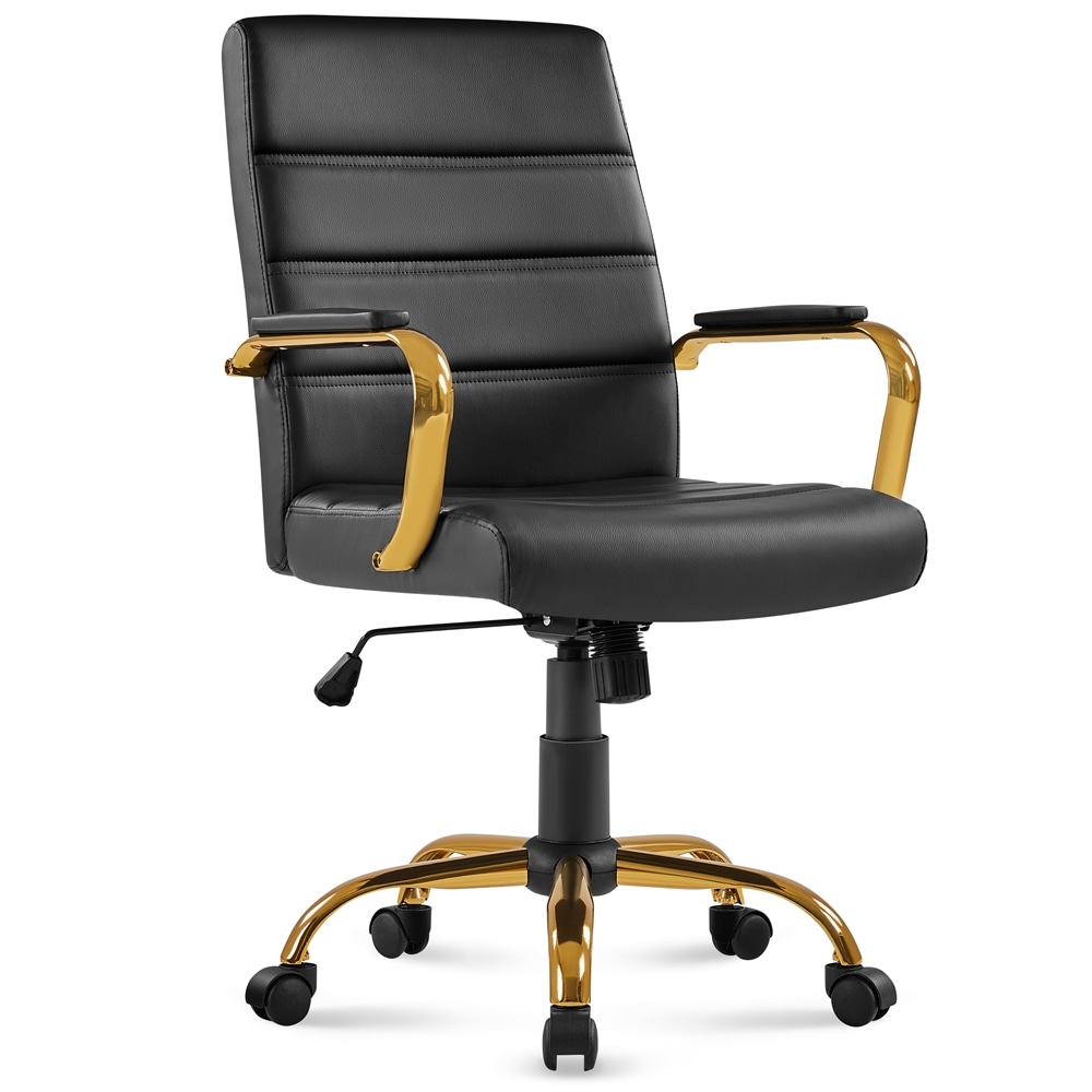 Yaheetech - Black Mid-Back Faux Leather Swivel Office Chair with Gold Base