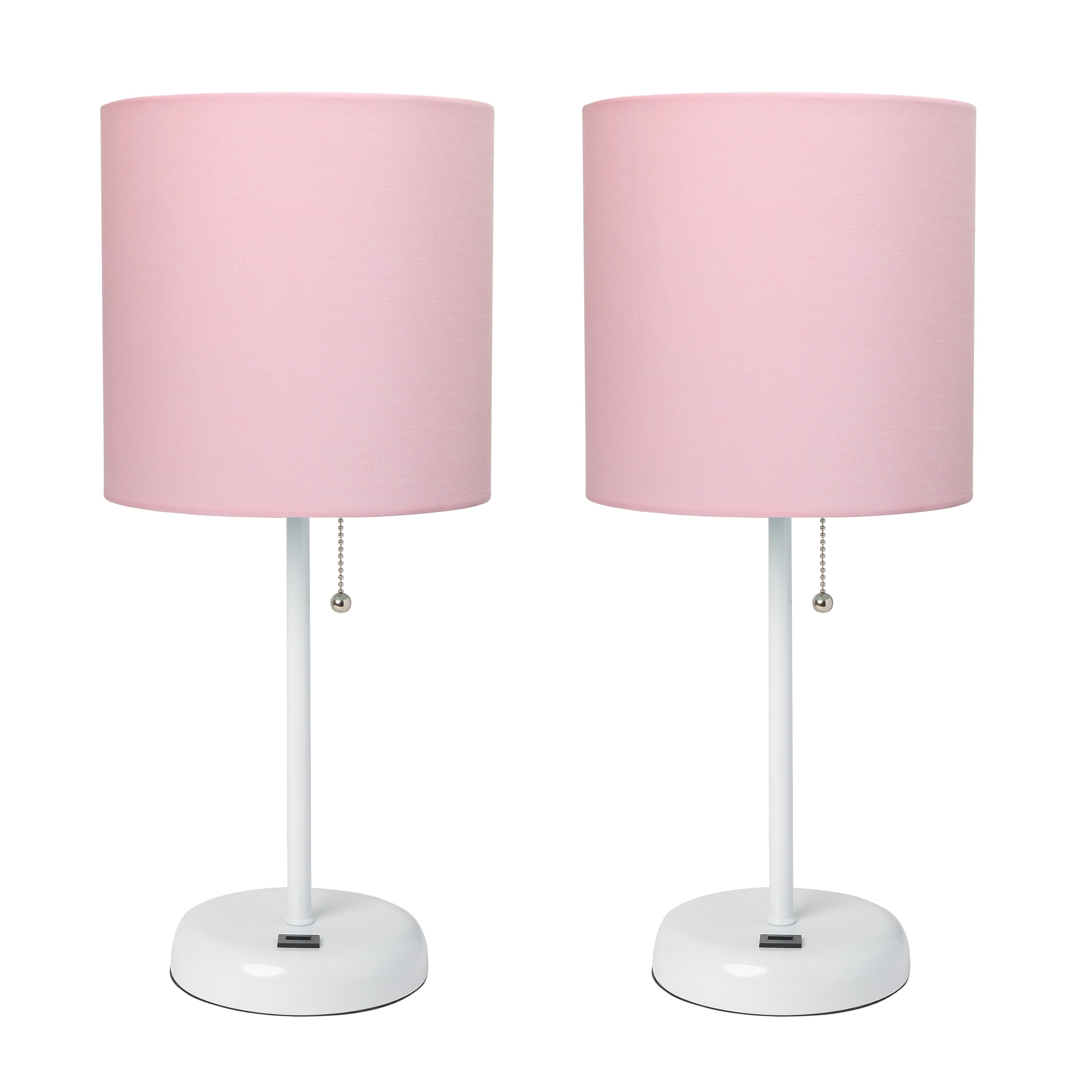 Creekwood Home CWT-2011-PO-2PK Oslo 19.5-in White Base/Light Pink Shade LED Pull-chain Table Lamp with Fabric Shade 2 -Set
