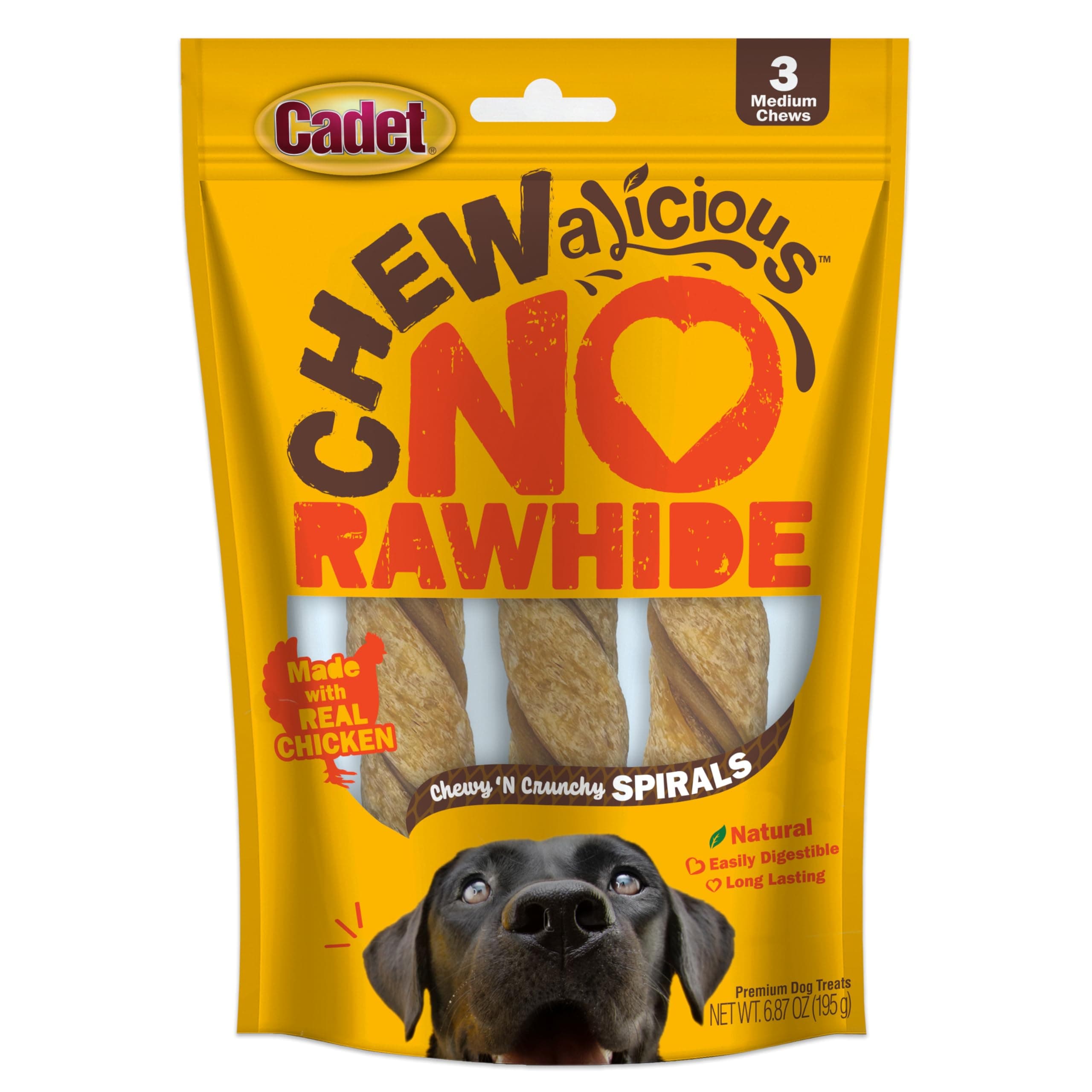 Cadet  Chewalicious Chewy 'N Crunchy Spiral Dog Treats Real Chicken No Rawhide 3 Count