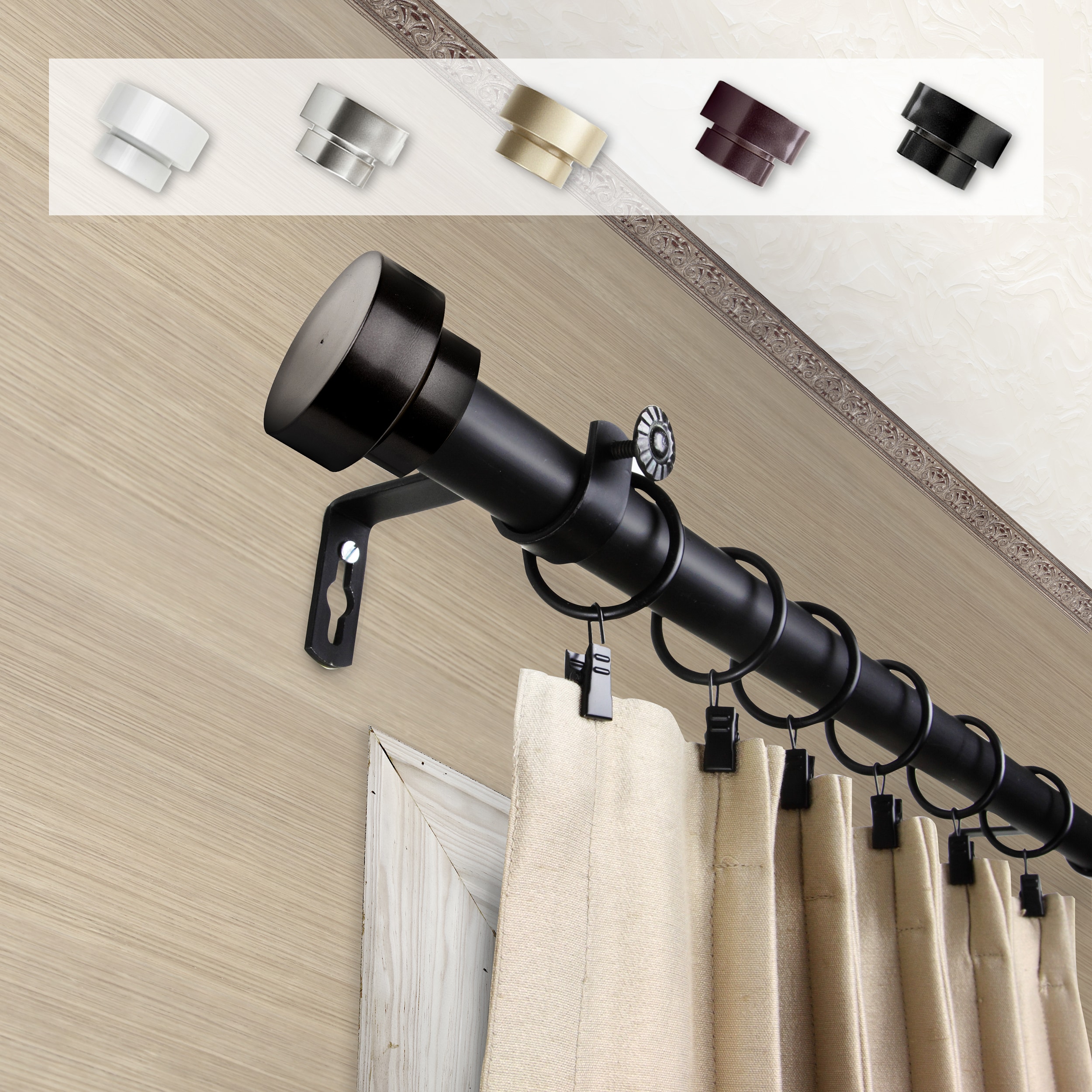 Hart & Harlow Cap 1-in 18-in to 28-in Black Steel Single curtain rod with Finials