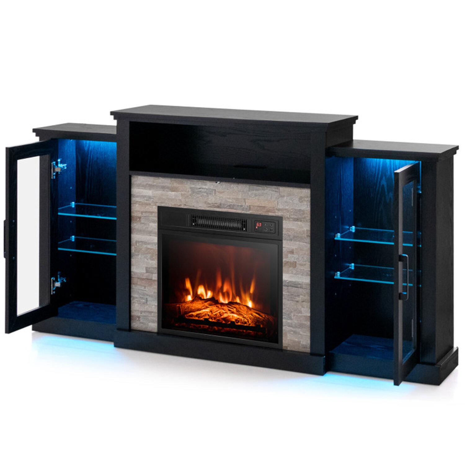 Clihome CL-FP10181DK 59 W Black TV Stand with Fan-forced Flat wall Electric Fireplace with Remote Control Included