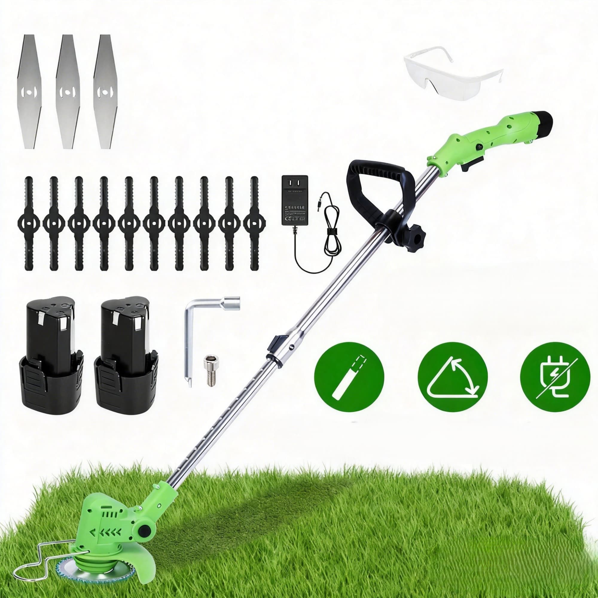 Angel Sar Cordless Grass Trimmer 200W 1200mAh Battery 3 Blade Types Adjustable Length and Angle Lightweight Weed Cutter for Yard Garden with Wear rechargeable battery goggles and gloves