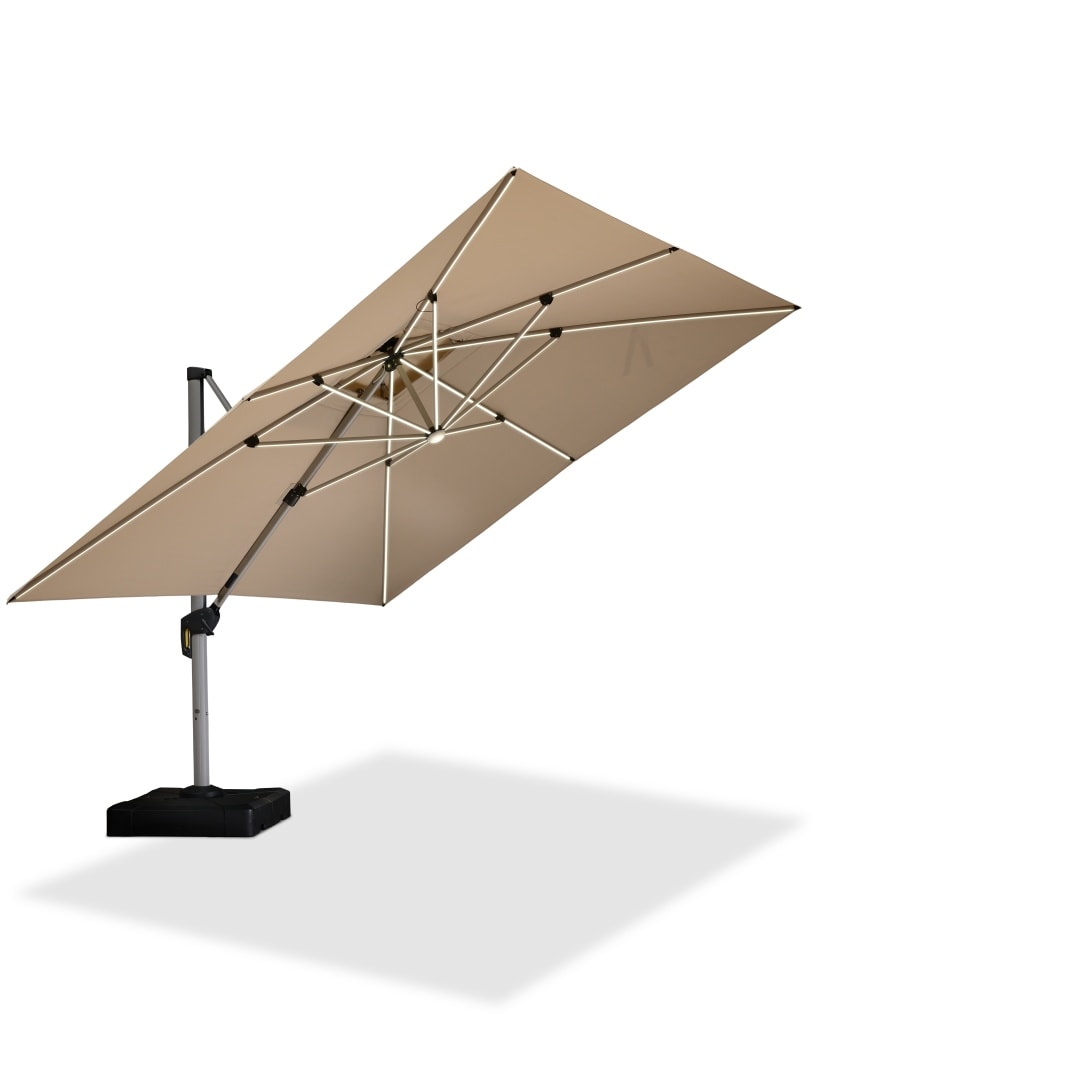 PURPLE LEAF LSGLRSDT12-KK 12-ft Aluminum Beige Crank Cantilever Patio Umbrella with Lights and