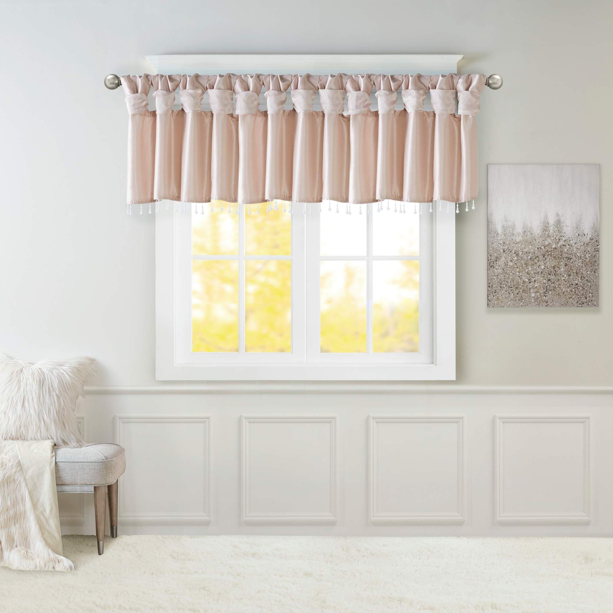 JUJABU 26-Inches Blush Lightweight Faux Silk Valance Curtain Panel with Beads Blush #EBHD-49