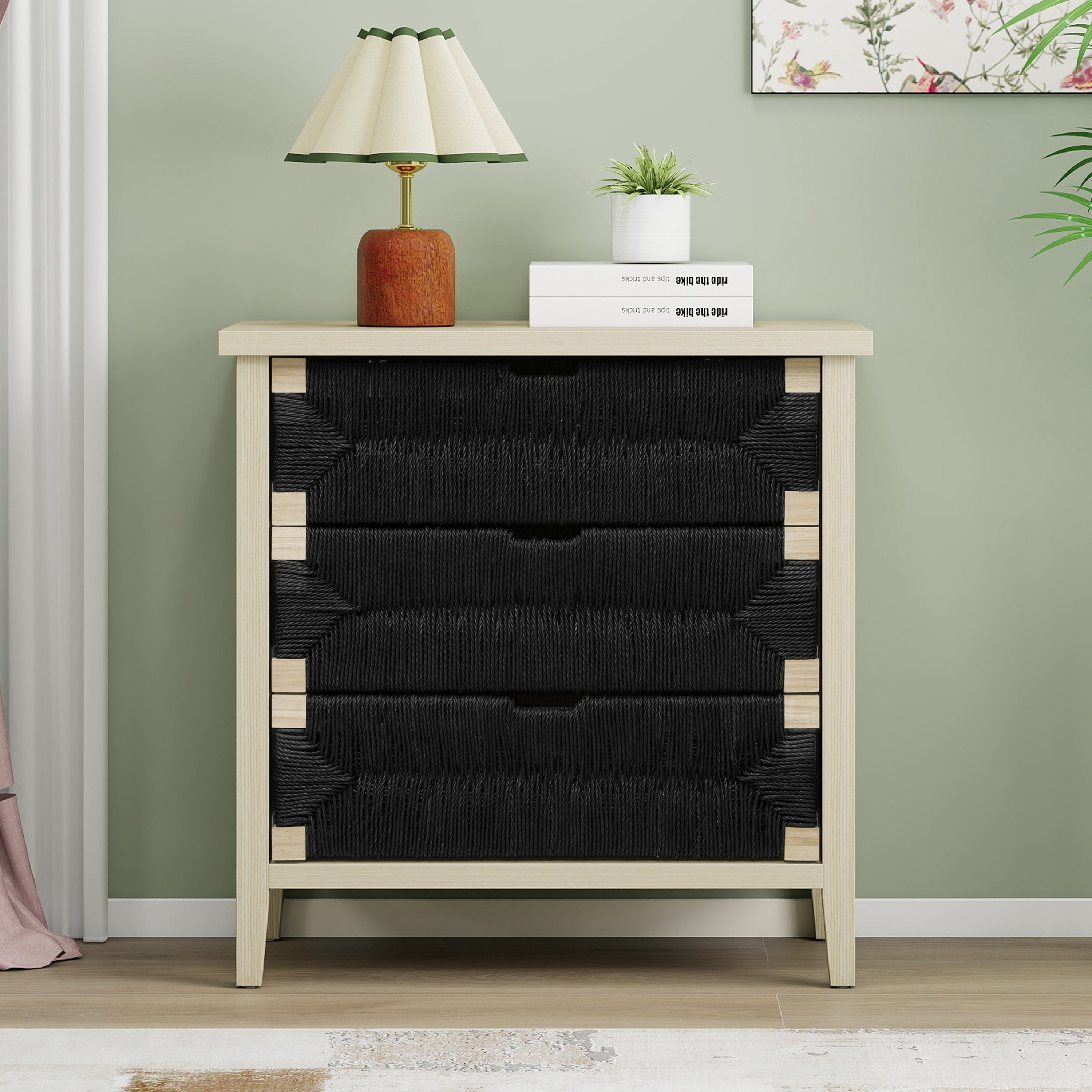 Tatayosi - XJ 3 Drawer Buffet Sideboard with Adjustable Shelves Storage Cabinet with Hand-woven r...