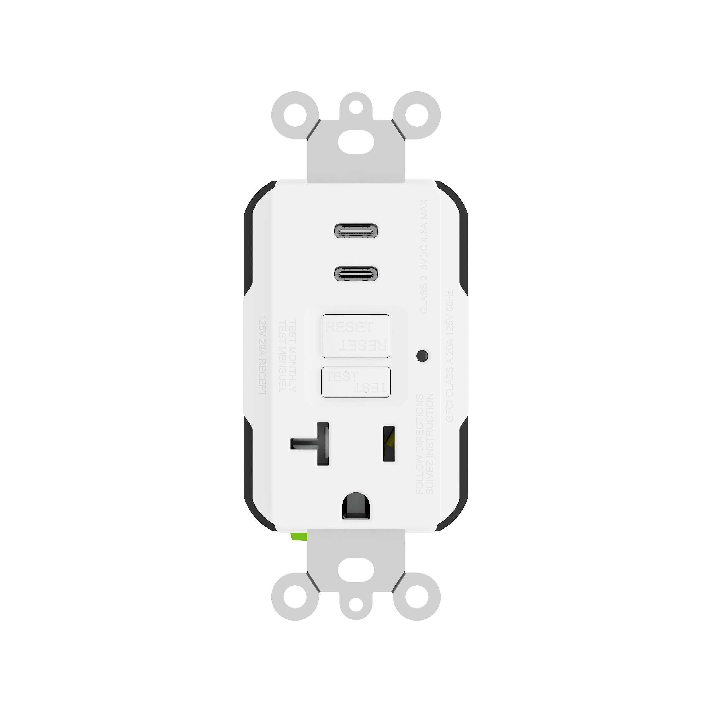 Utilitech LGR2320CC01-WH 20 A GFCI USBCC, WH, 1 PC 20 -Amp 125-volt Recessed AFCI GFCI Residential Decorator Outlet Dual Type C , White