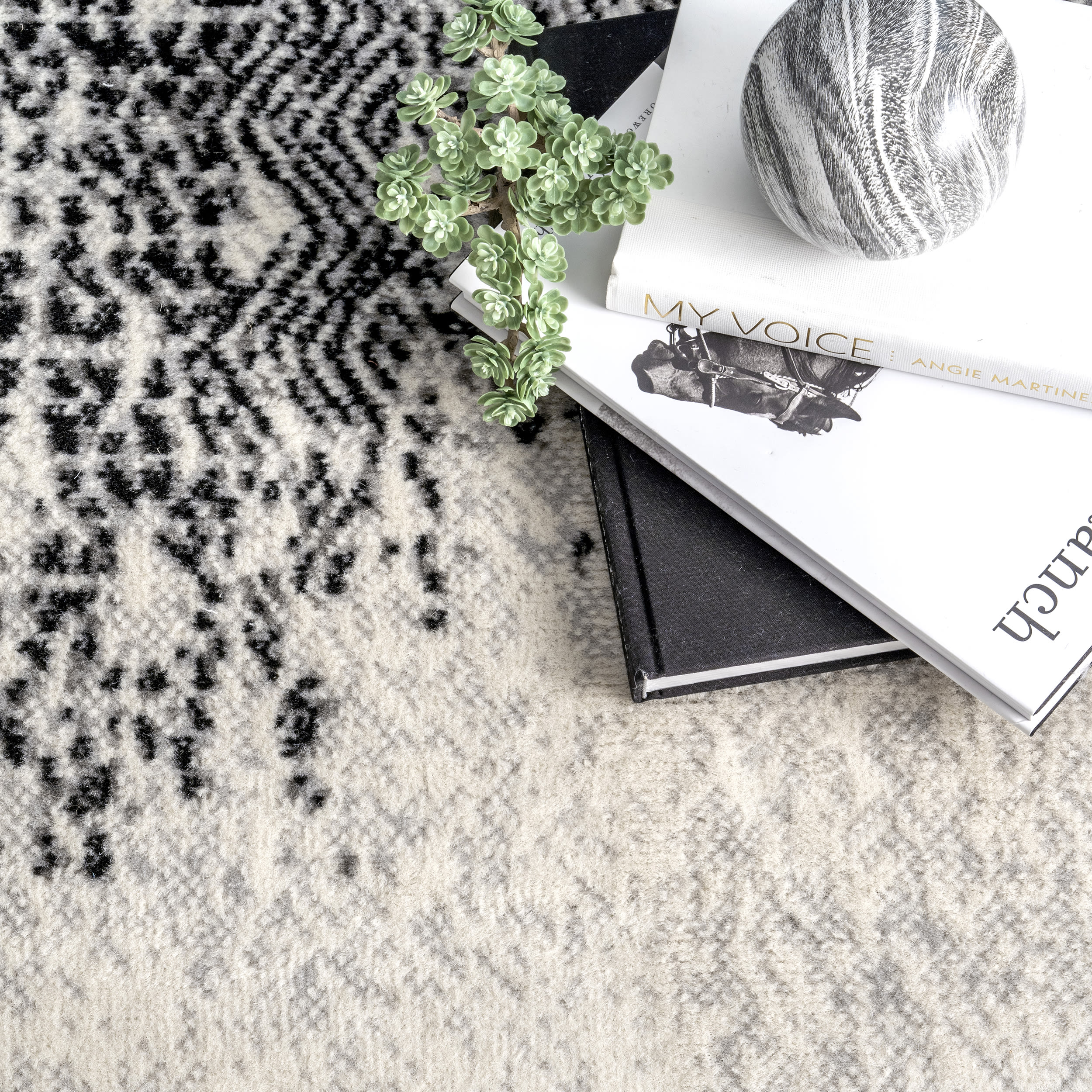 Gray and Black Abstract Synthetic Rectangular Area Rug