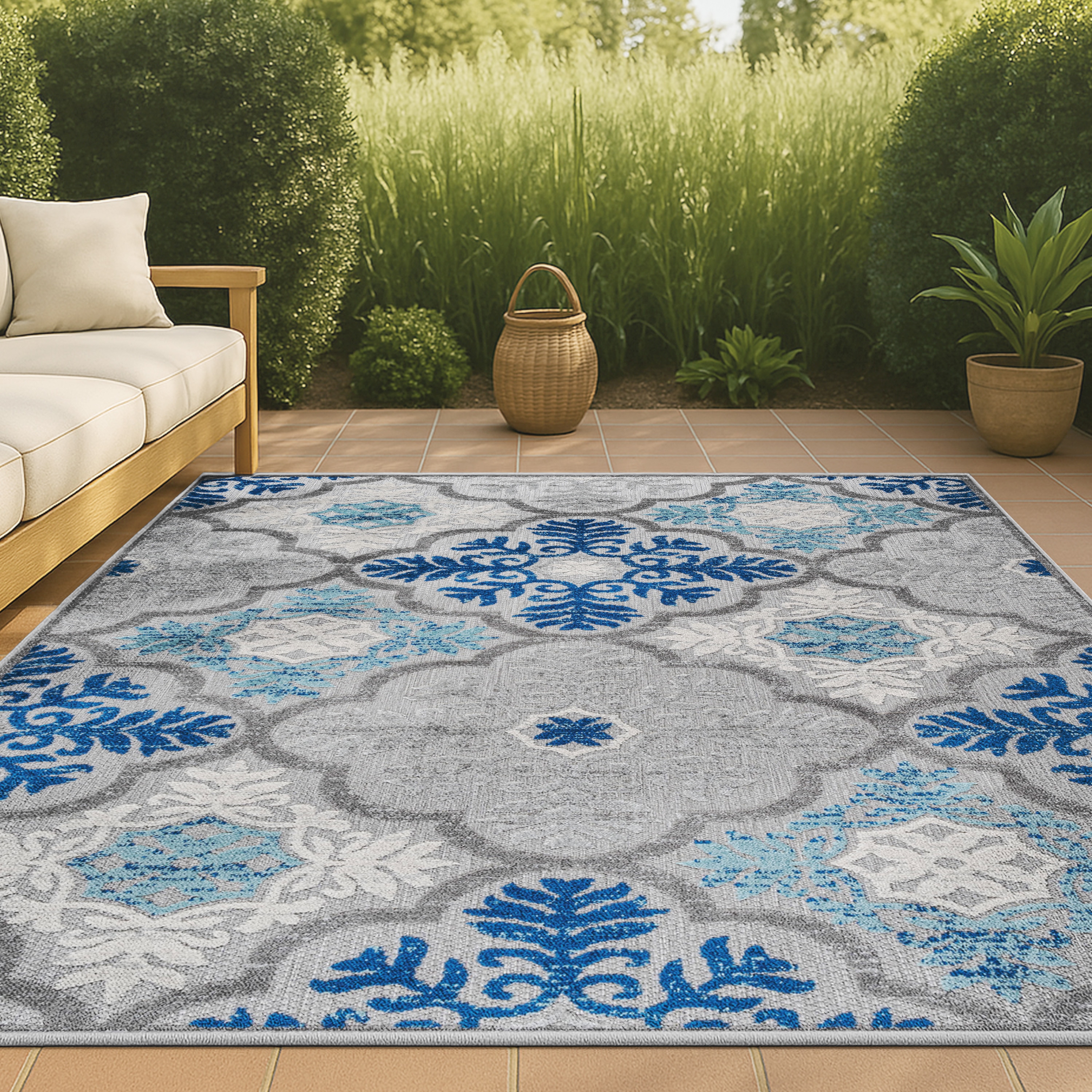 JONATHAN  Y AMC105B-4 Amalfi Coast Cassis Ornate Ogee Trellis High-Low 4 x 6 (ft) Loomed Polypropylene Light Gray/Blue Rectangular Indoor/Outdoor Medallion Coastal Area rug