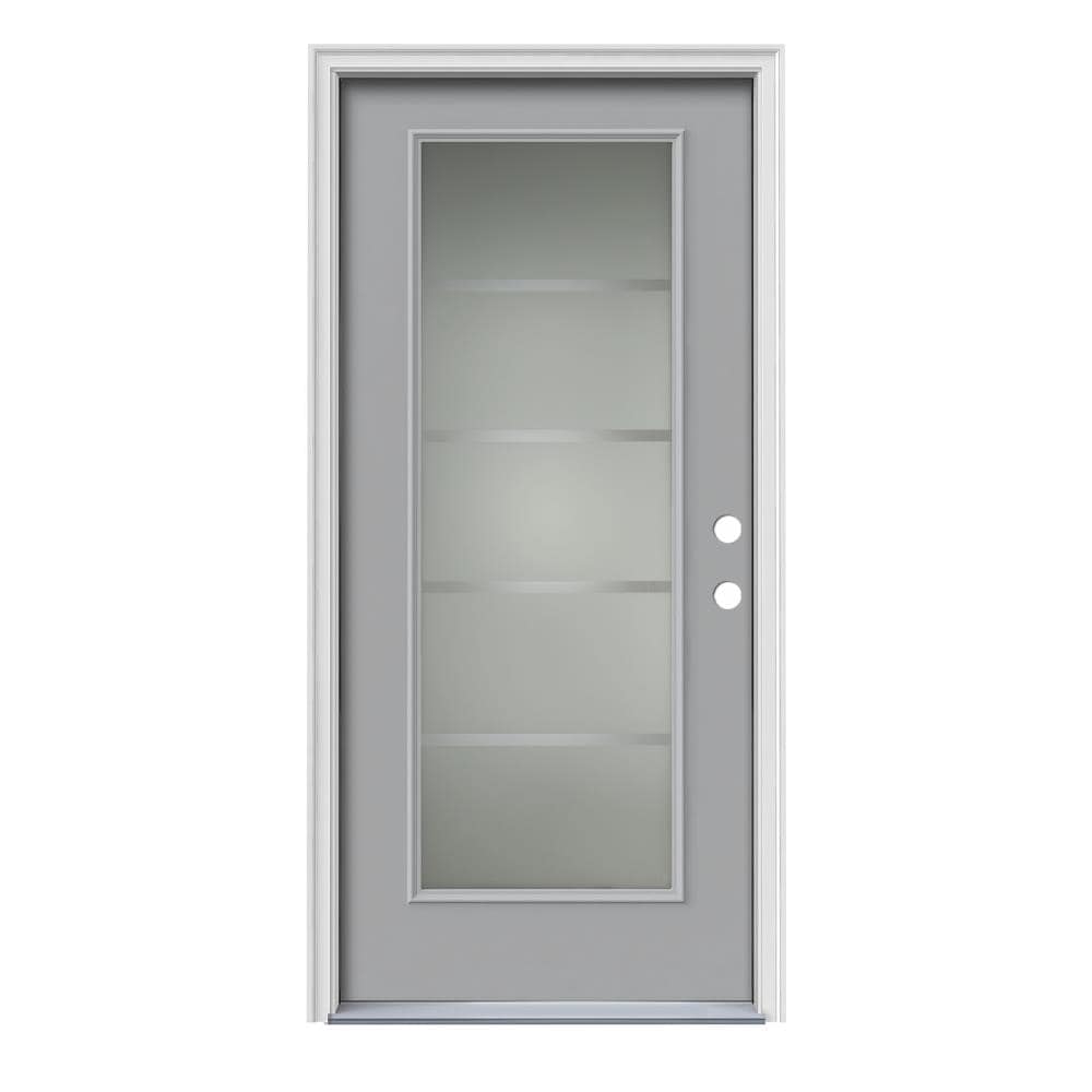 JELD-WEN LOWOLJW166501210 Crosslines 36-in x 80-in Steel Full Lite Left-Hand Inswing Infinity Grey Painted Prehung Front Door with Brickmould Insulating Core