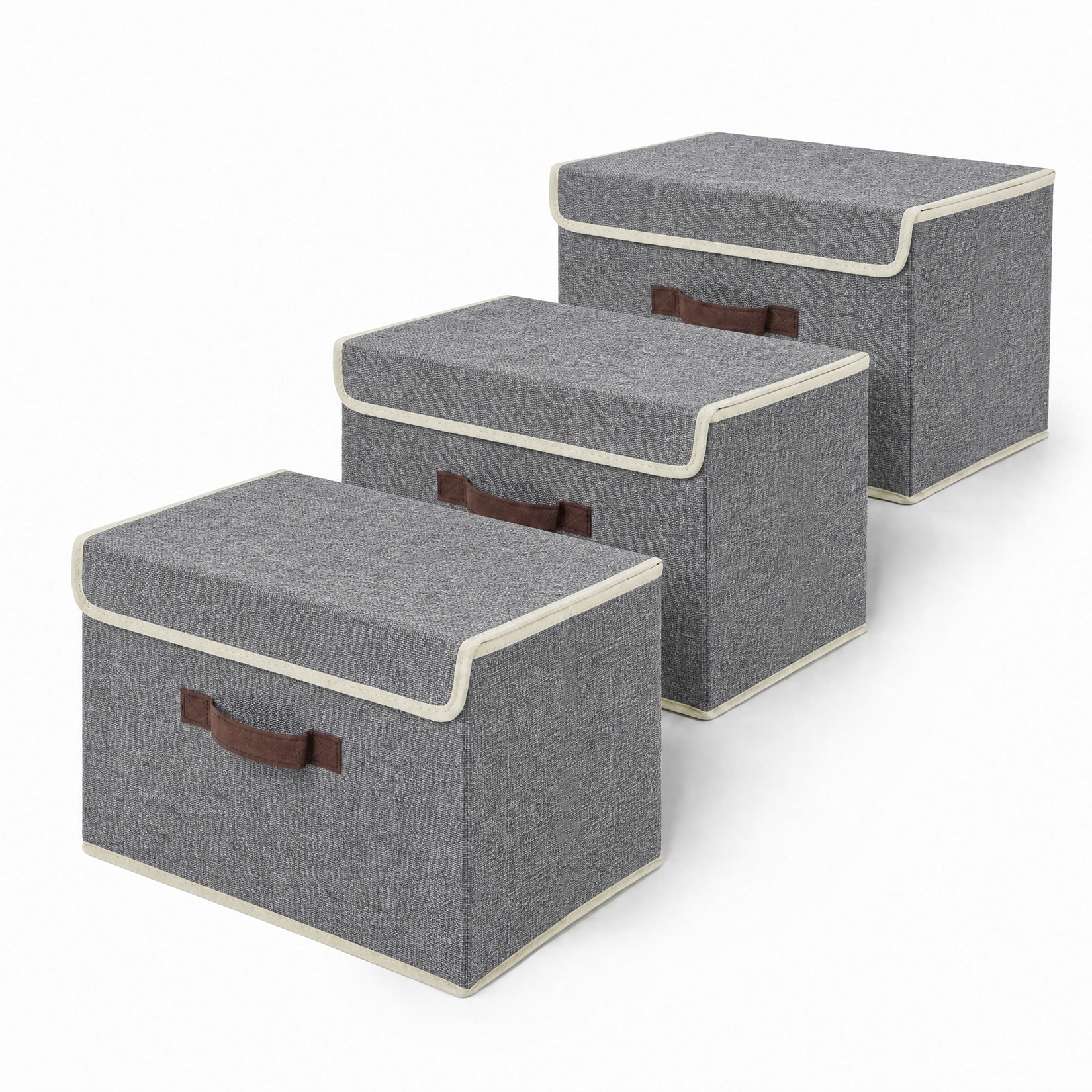 IdealHouse 3 Pack Fabric Storage Bins with Lids Foldable Cloth Storage Boxes with Handles Grey Fabric Closet Organizers 14.96x9.84x9.84 Inch Non Woven Storage Baskets for Clothes Toys