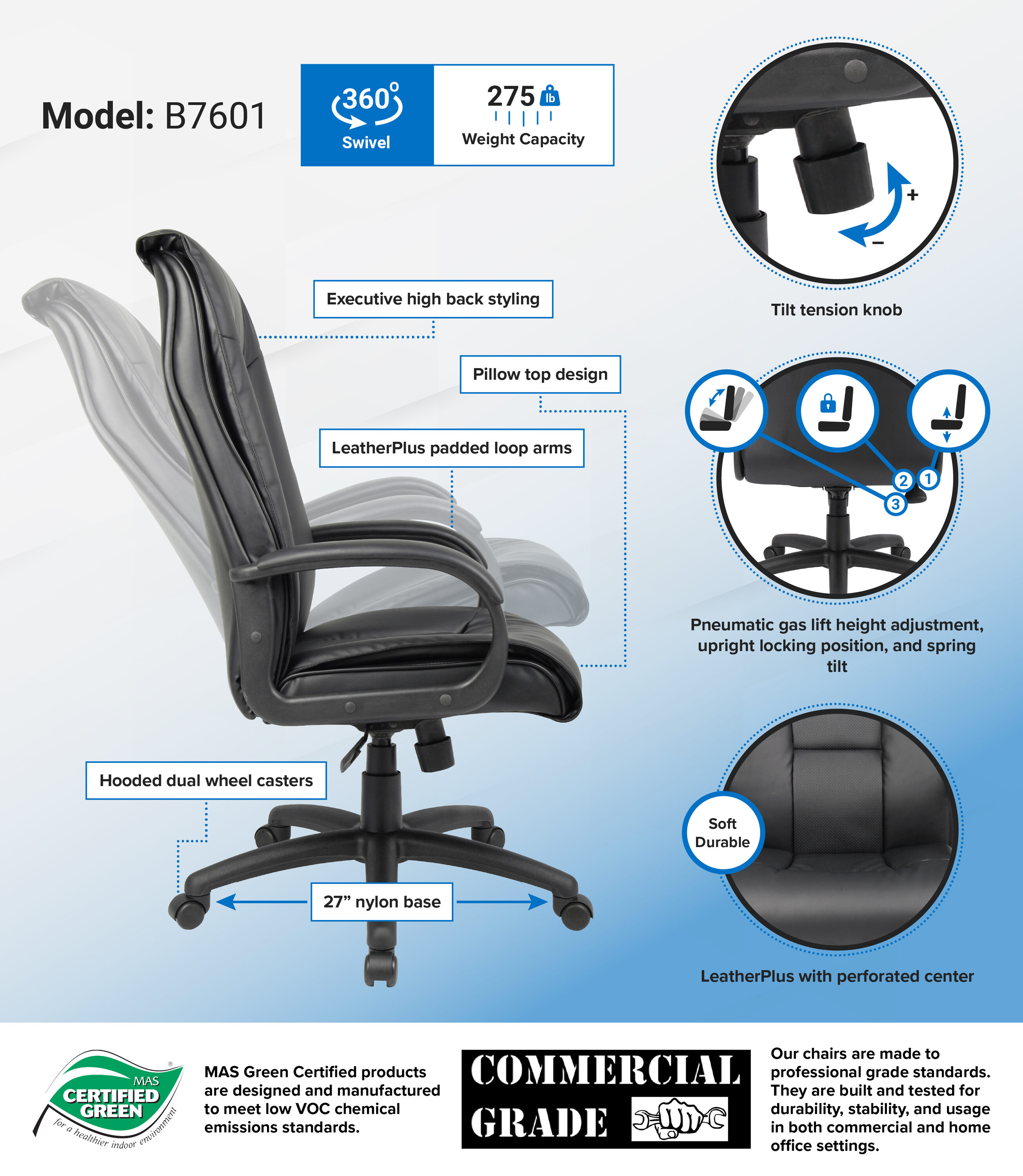 Black Leather High Back Ergonomic Executive Swivel Chair