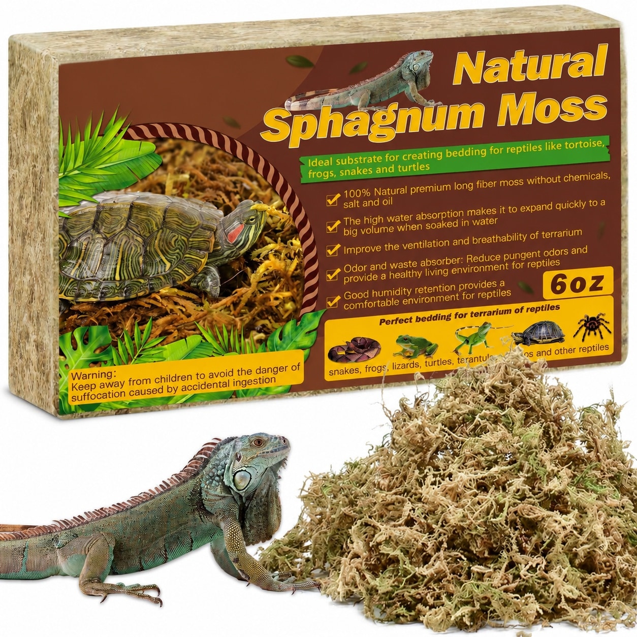 Phewnyzo  6 OZ Long Fiber Sphagnum Moss 8 QT Natural Dried Terrarium Moss Bedding Substrate for Reptiles Amphibians and Garden Plants