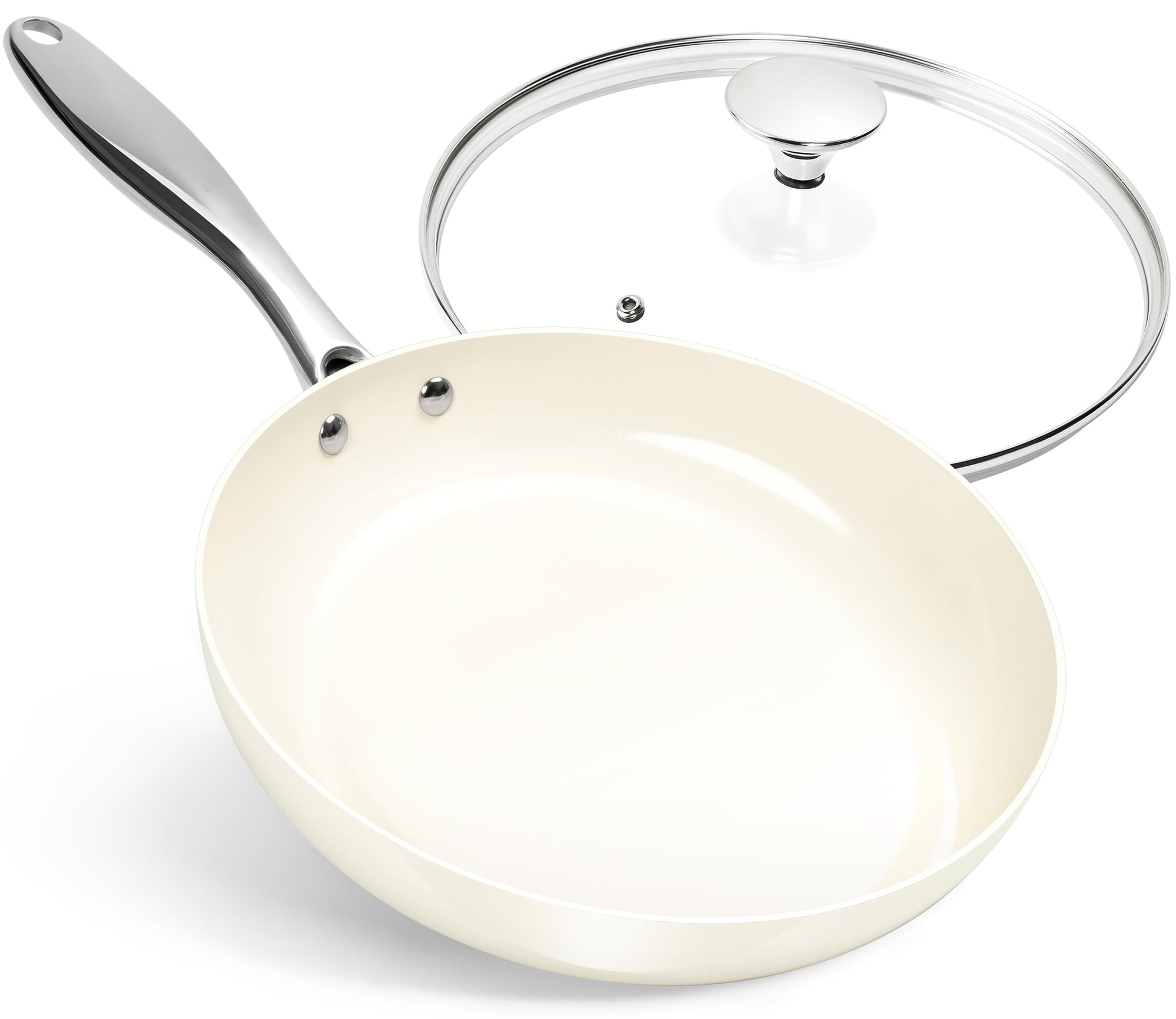 Aoibox  10 in White Ceramic Nonstick Aluminum Skillet with Glass Lid PFAS PFOA Free Induction Compatible Pan