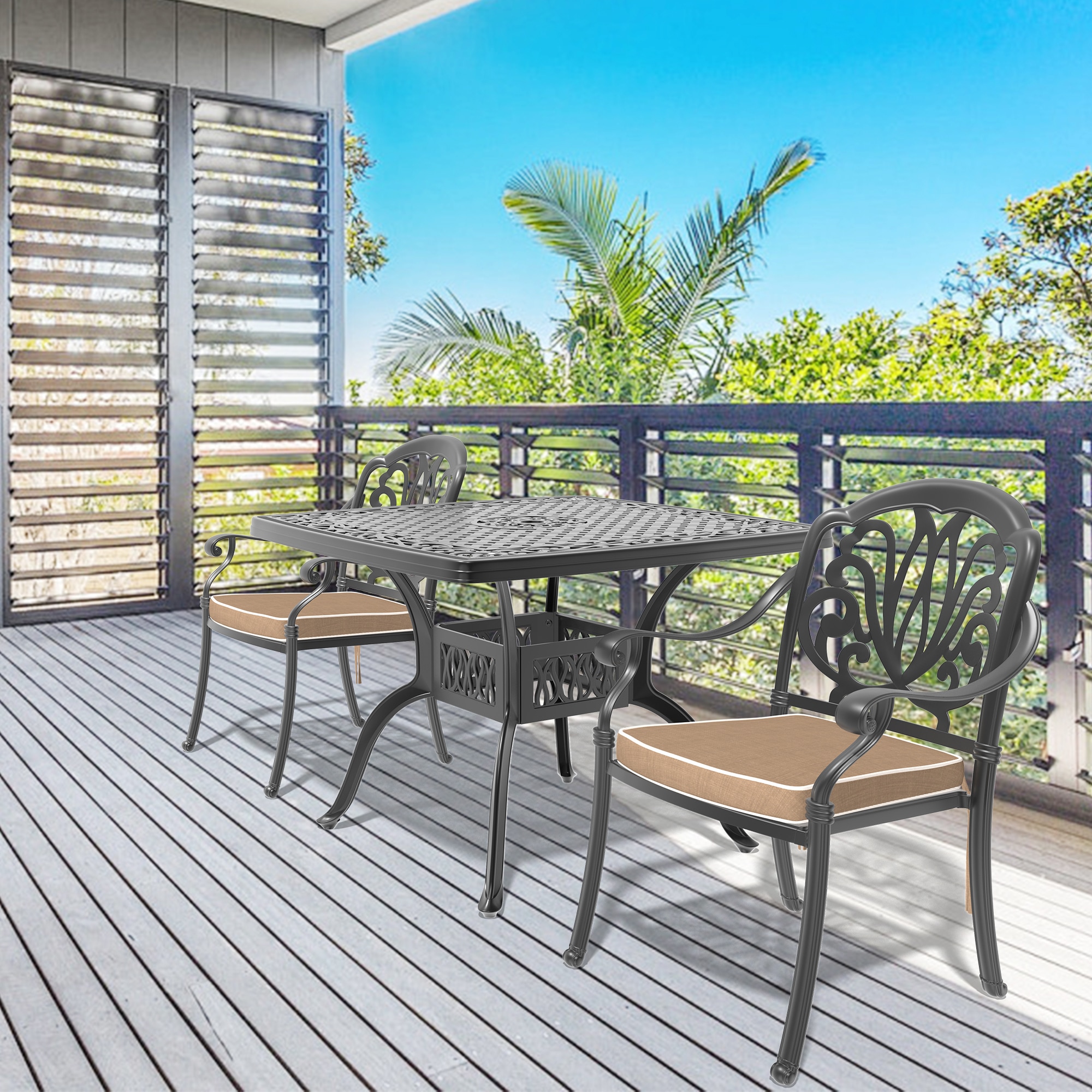 nicesure SLBK6002CZ2A1177RC 3 -Piece Black Patio Dining Set Aluminum Square Table with 2 Cushions Stackable Stationary Chairs