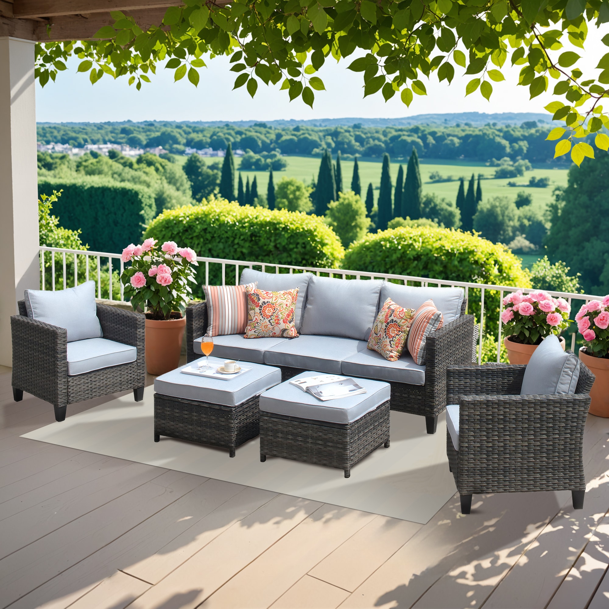 Ovios GRS402 New Vultros 5 -Piece Rattan Patio Sofa Conversation Set with Gray Cushions