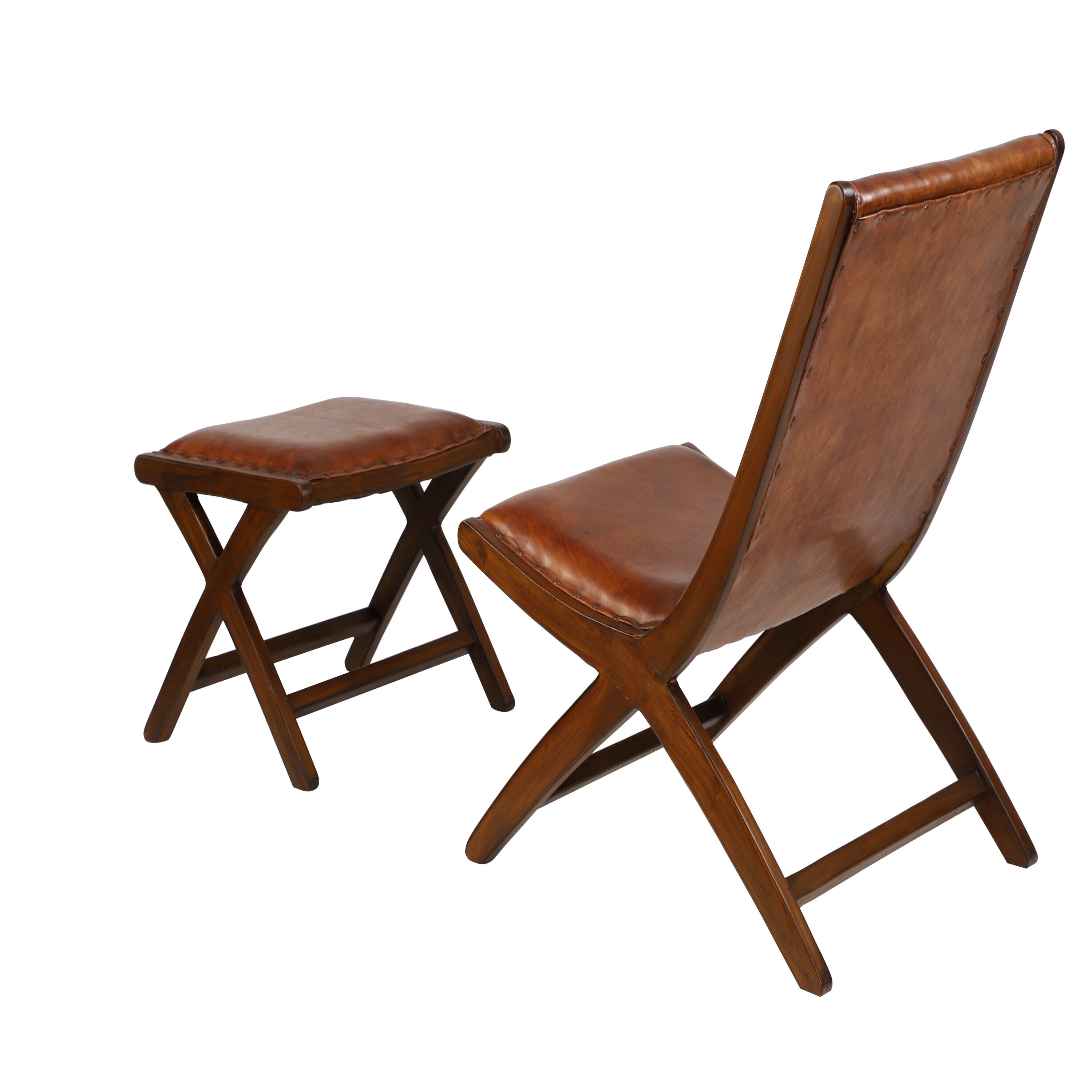 Set of 2 Brown Teak Wood Leather Accent Chairs with Ottoman