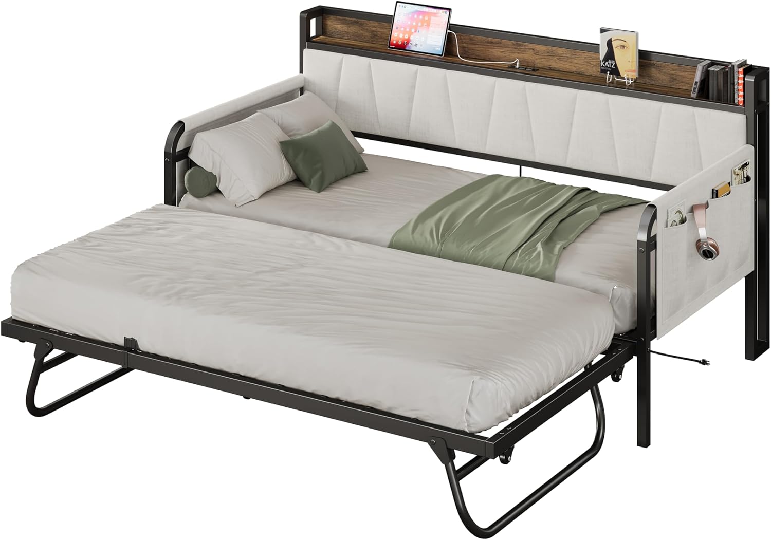 Likimio USAN1067475 43.7-in W Beige Twin Bed Frame with Storage Headboard and Charging Station and Trundle