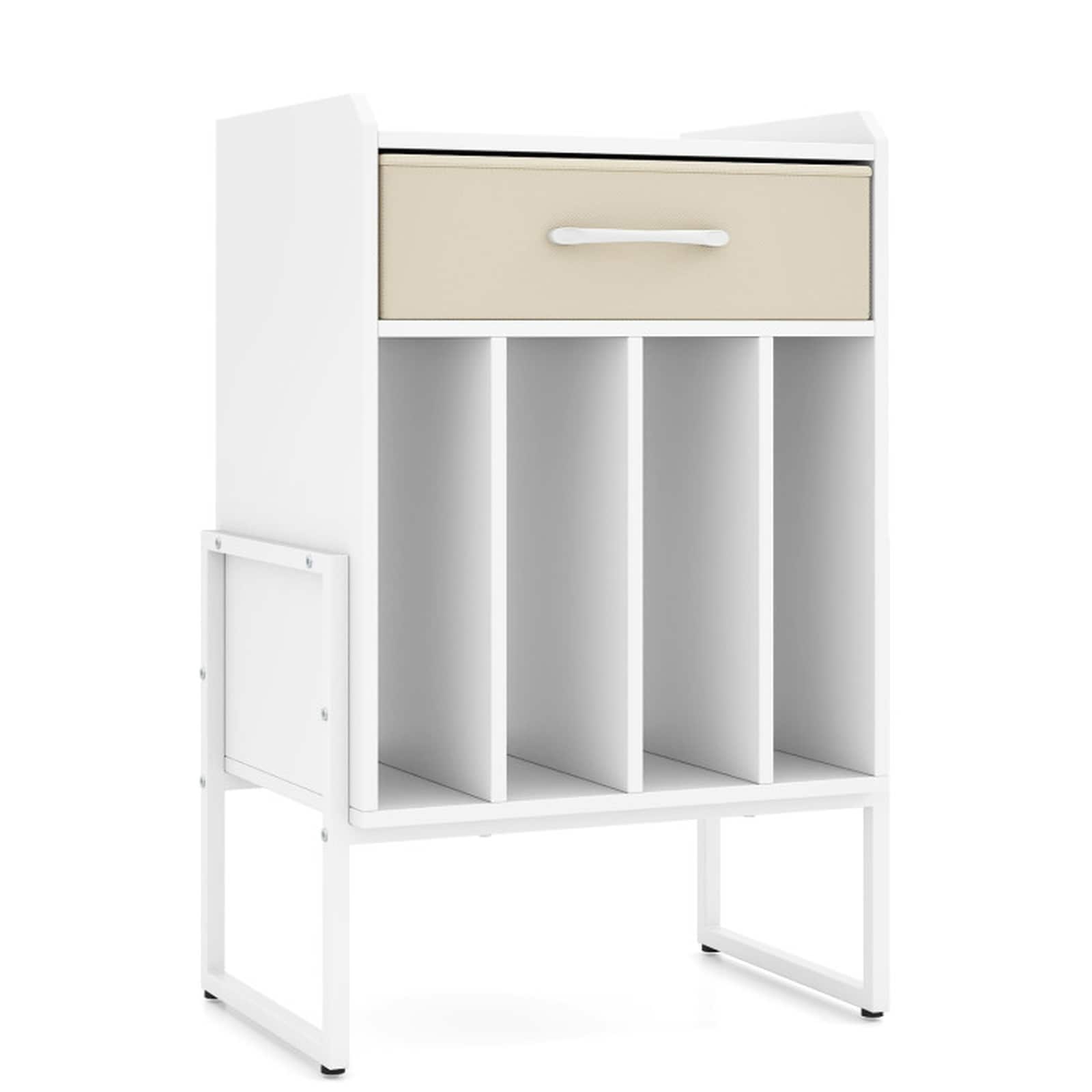 SUGIFT 18-in W x 27-in H White Record Player Stand with 4 Vinyl Compartments and Beige Drawer