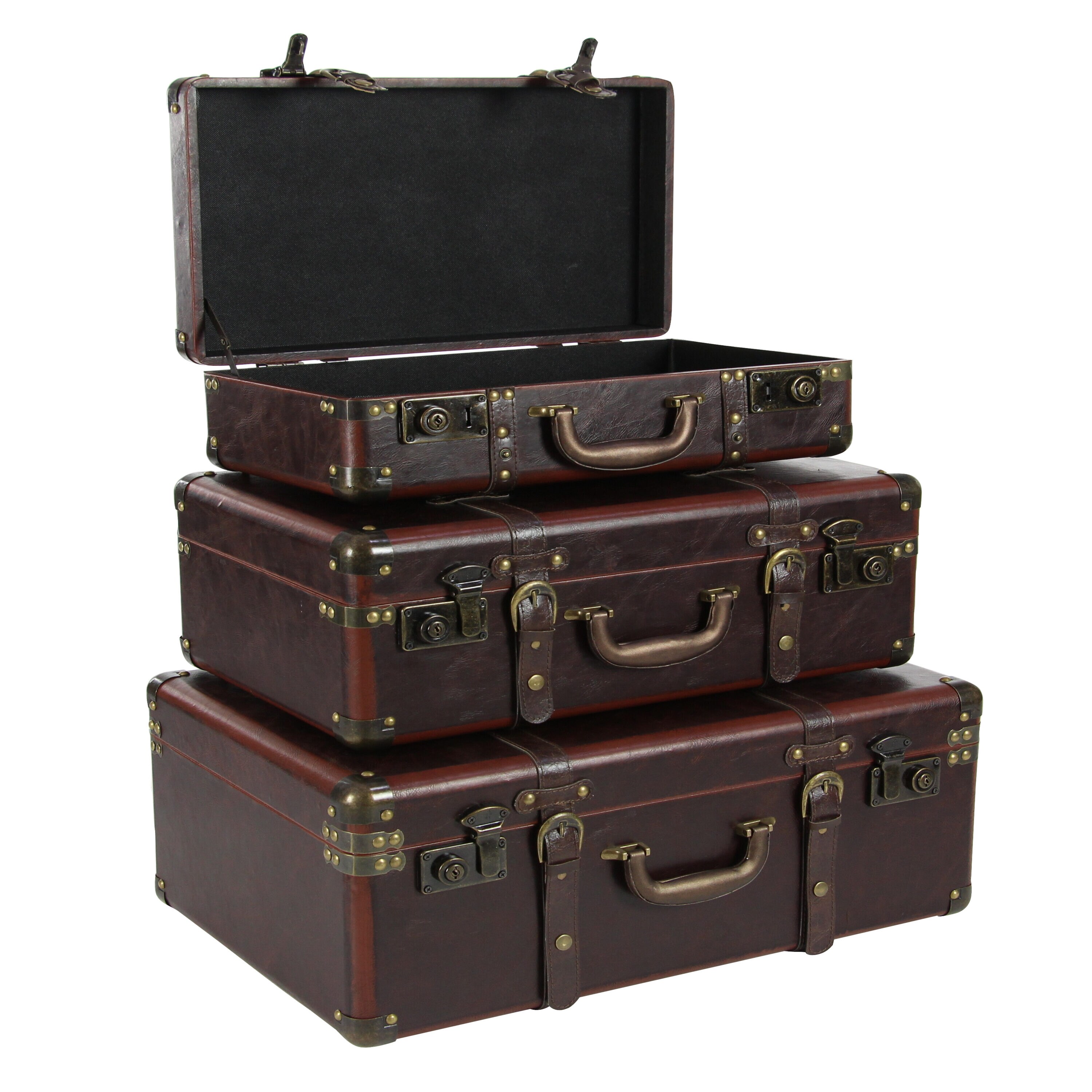 Vintage Charm Nested Faux Leather Trunks, Set of 3, Brown with Stud Accents