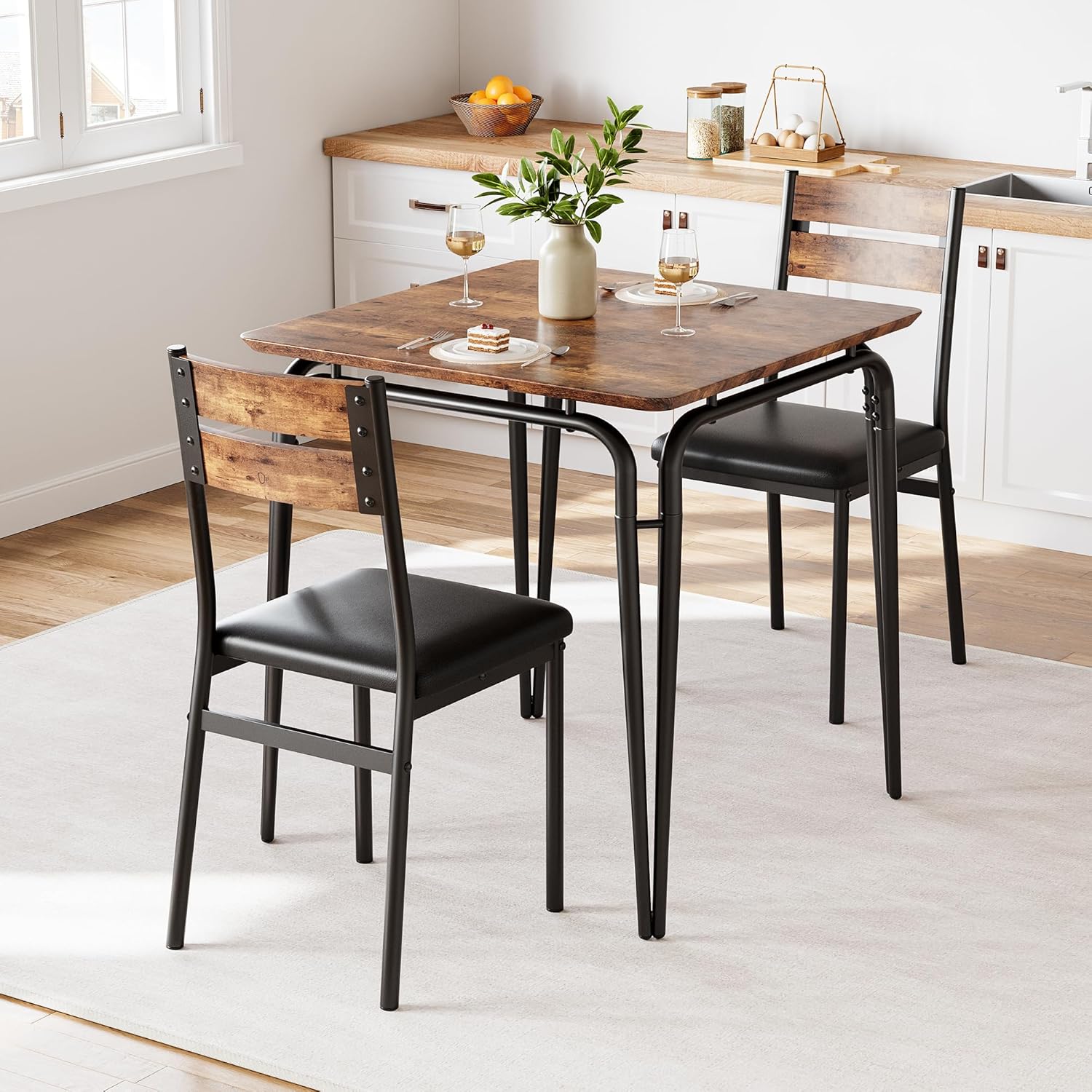 Garvee - 3-Piece Dining Table Set Sturdy Wooden Square Table and Chair Breakfast Table Set for 2...