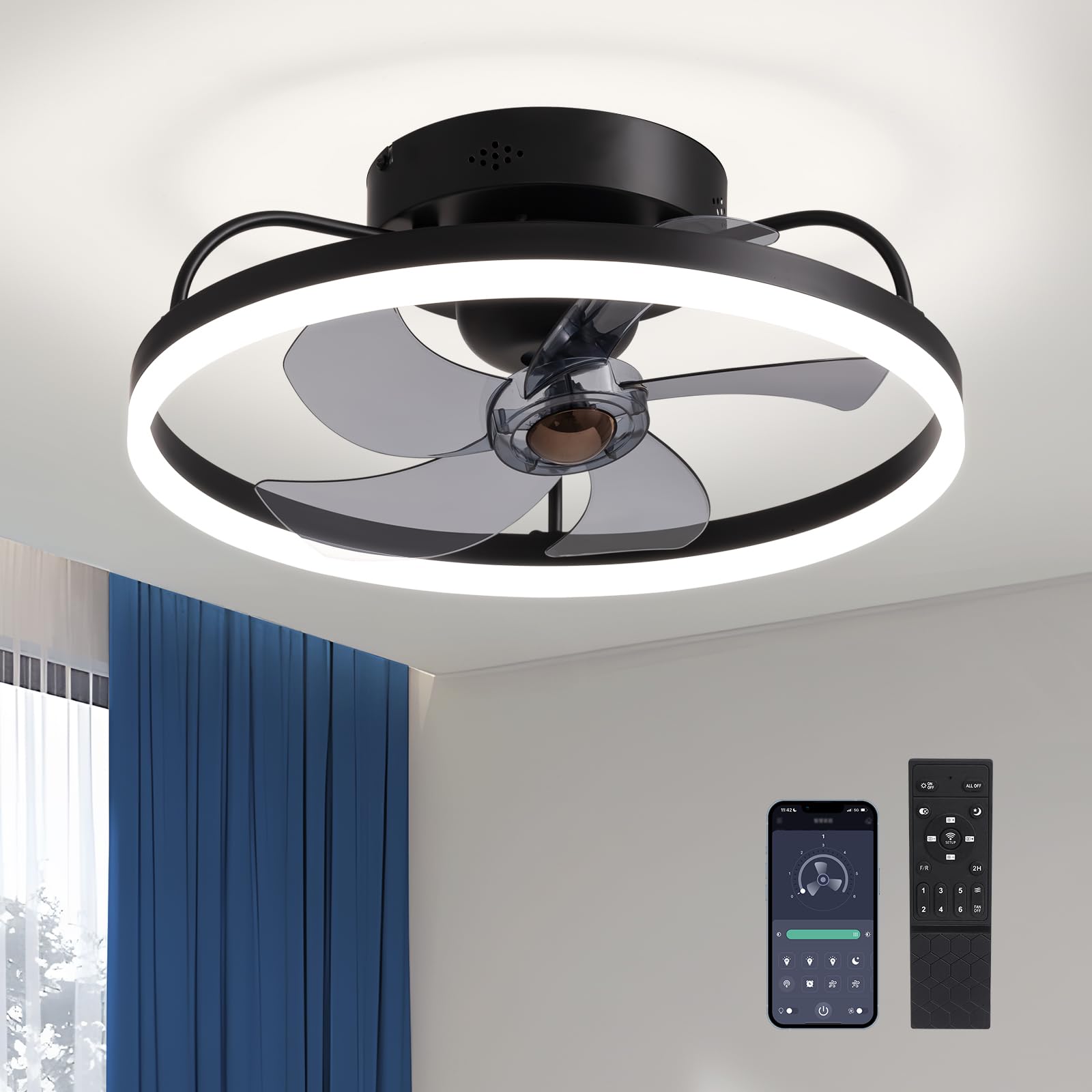 SILJOY LL-6002BL-03 Flush mount Ceiling Fan with Light and Remote Control Include