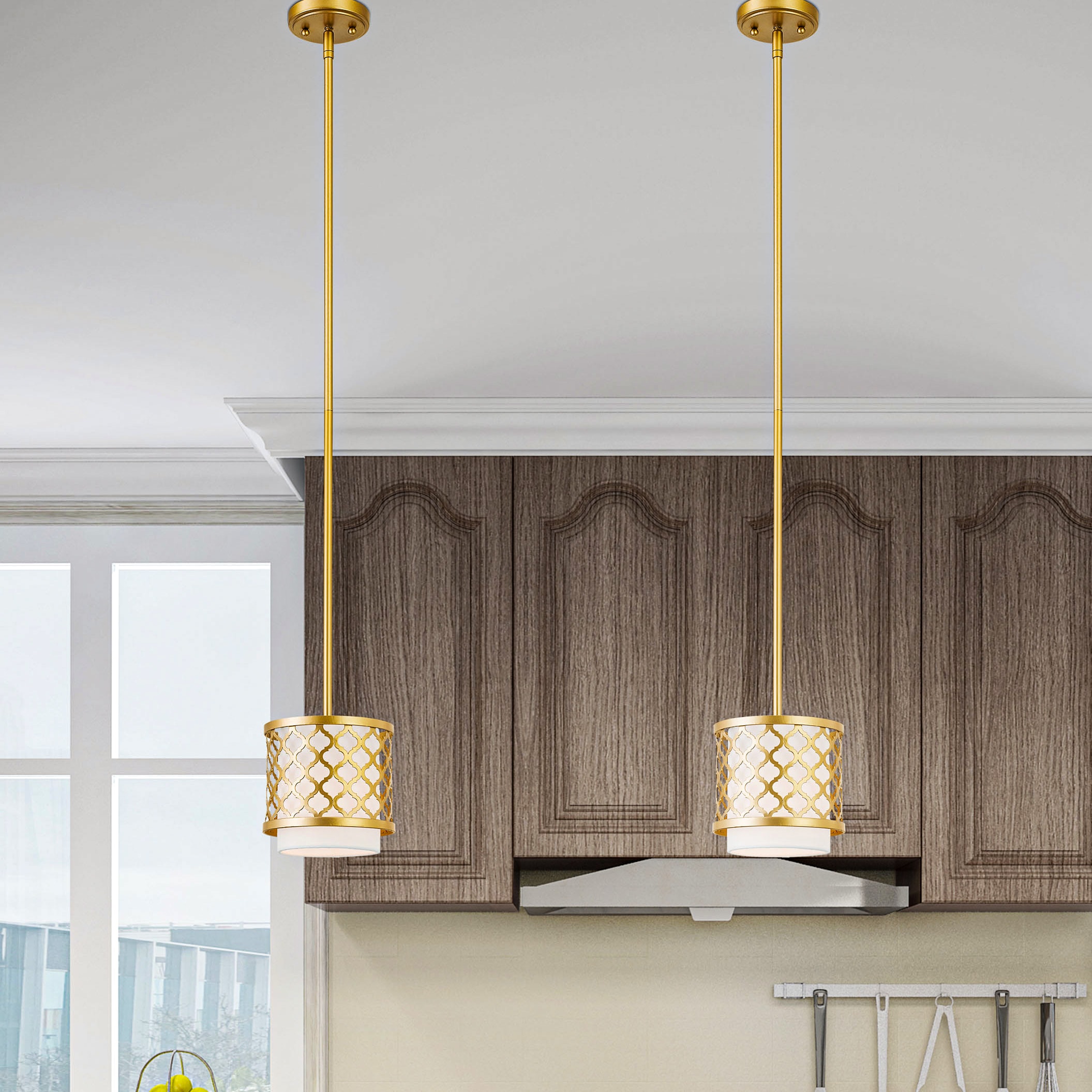 Arabesque Soft Gold Mini Pendant with Off-White Fabric Shade