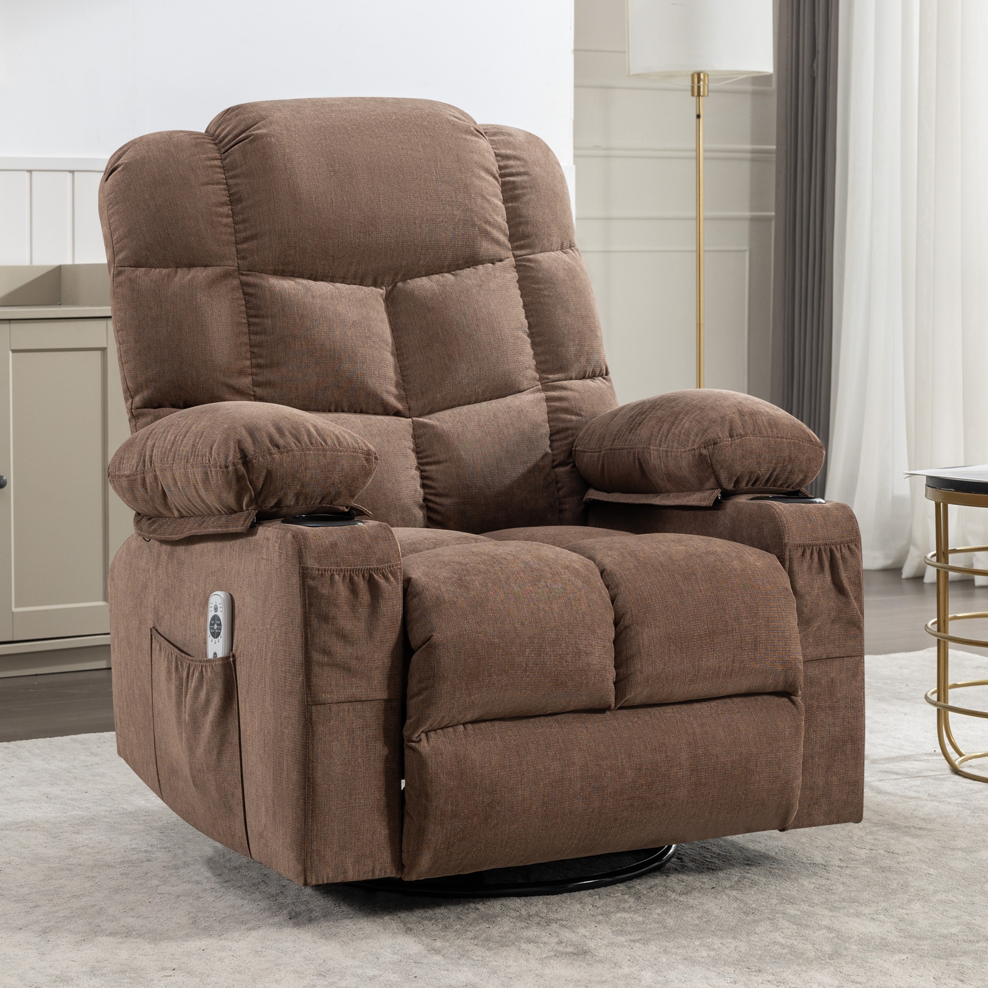 Mondawe MO-FB00932 Oversized Massage and Rocker Recliner Brown Linen Upholstered Tufted Swivel Massage chair