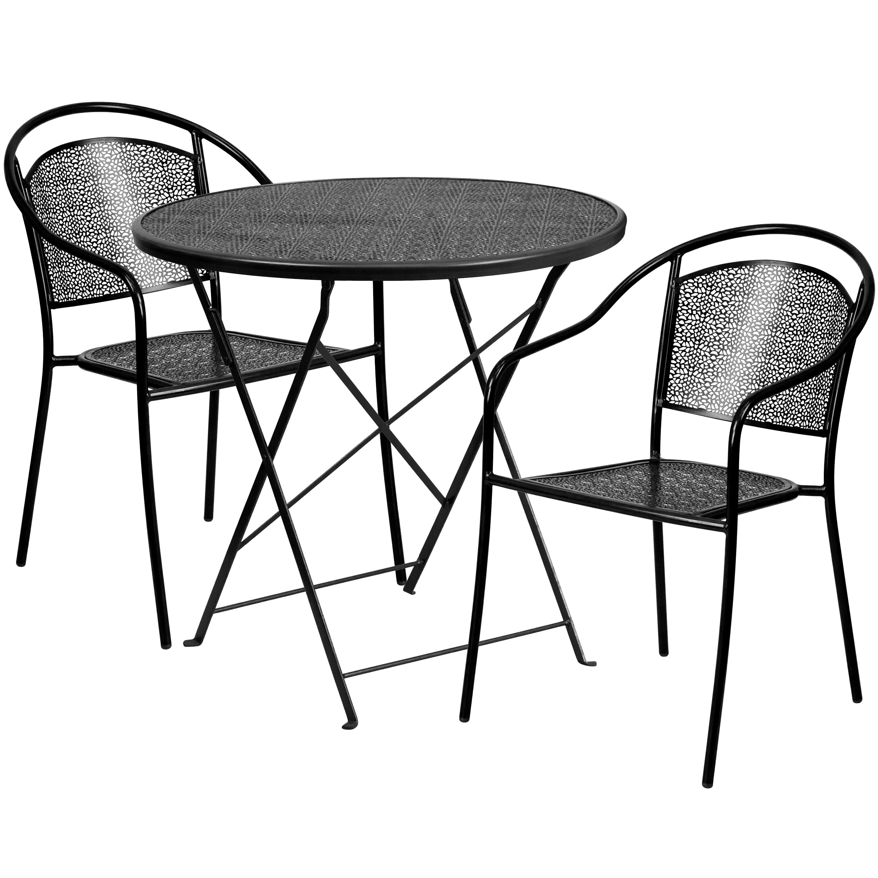 Flash Furniture 889142087779 Oia Commercial Grade 30-in Round Black Indoor-Outdoor Steel Folding Patio Table Set with 2 Round Back Chairs