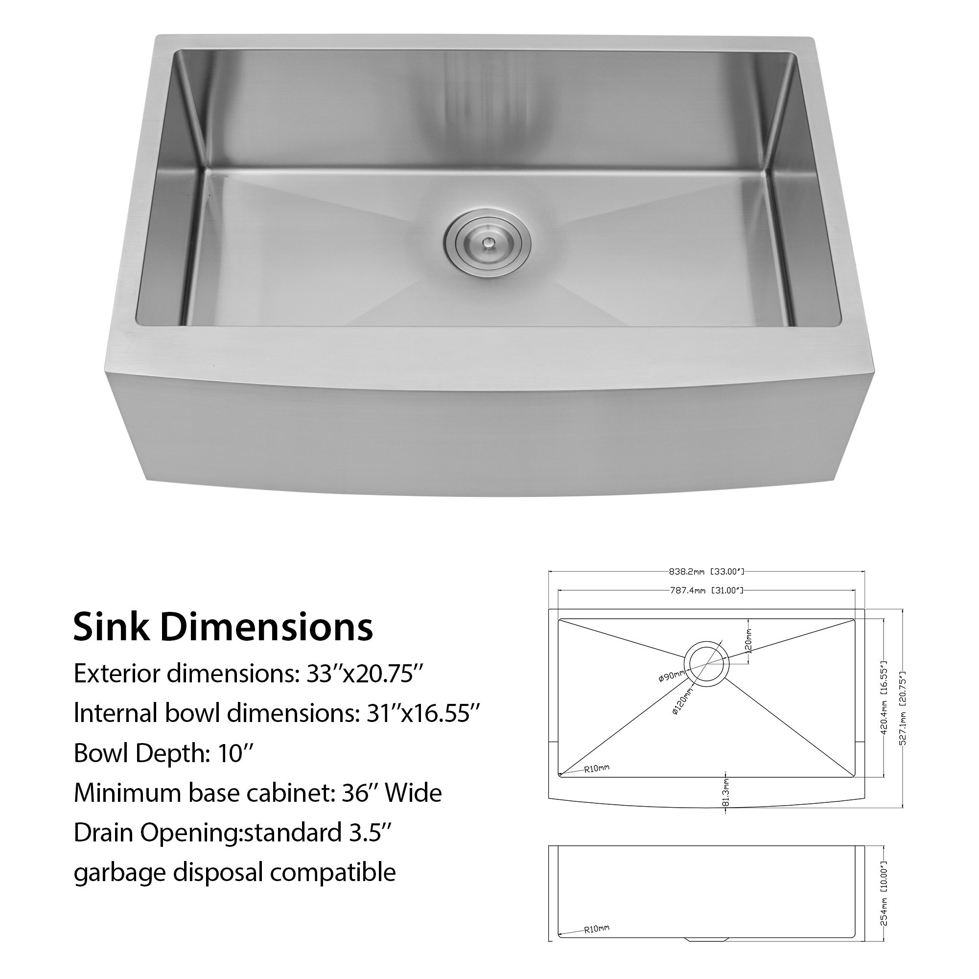 Lordear 16-Gauge Undermount Sink with Drain Assembly Farmhouse Apron ...